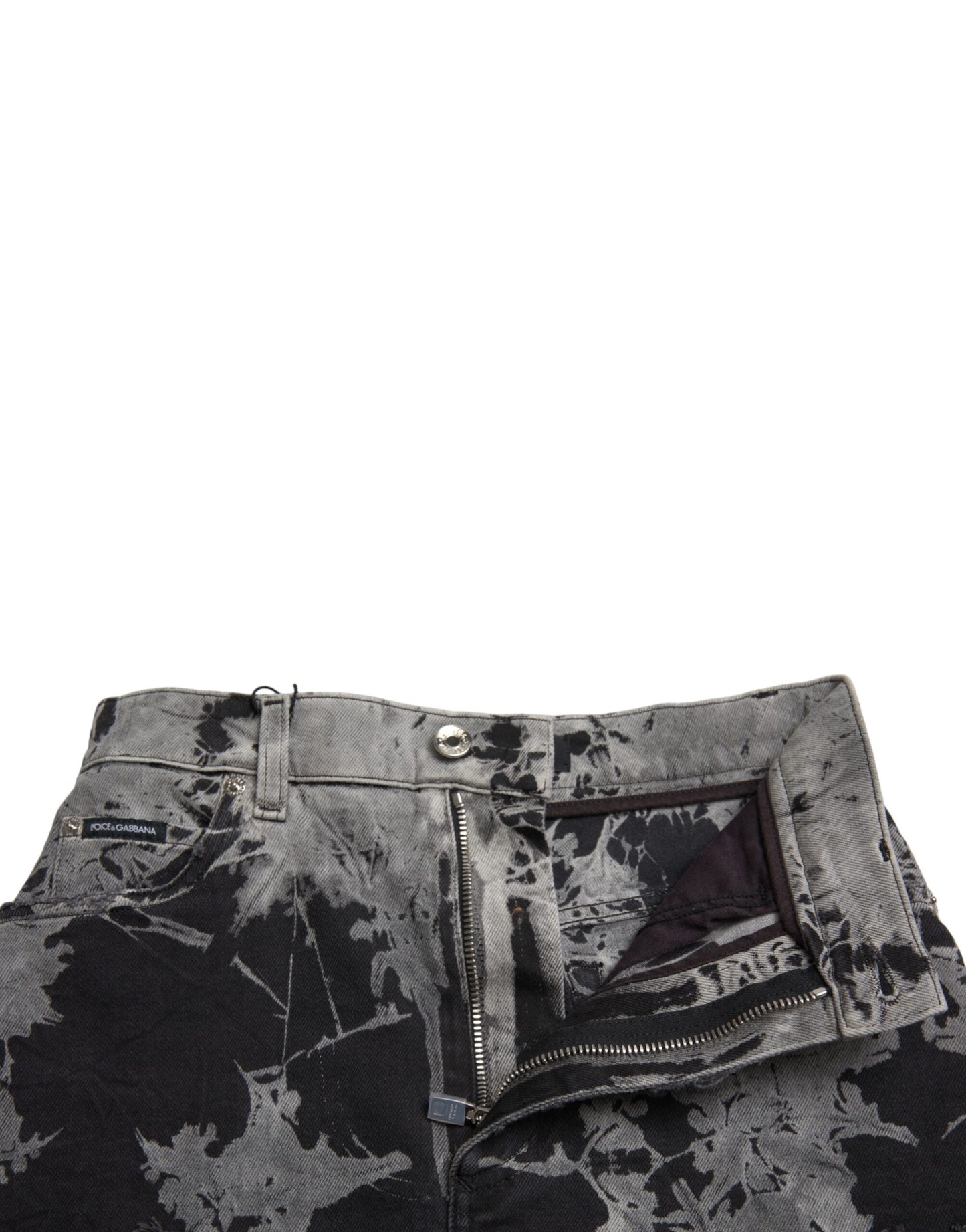 Dolce & Gabbana – Schwarz-grauer Denim-Minirock mit hoher Taille aus Spitze