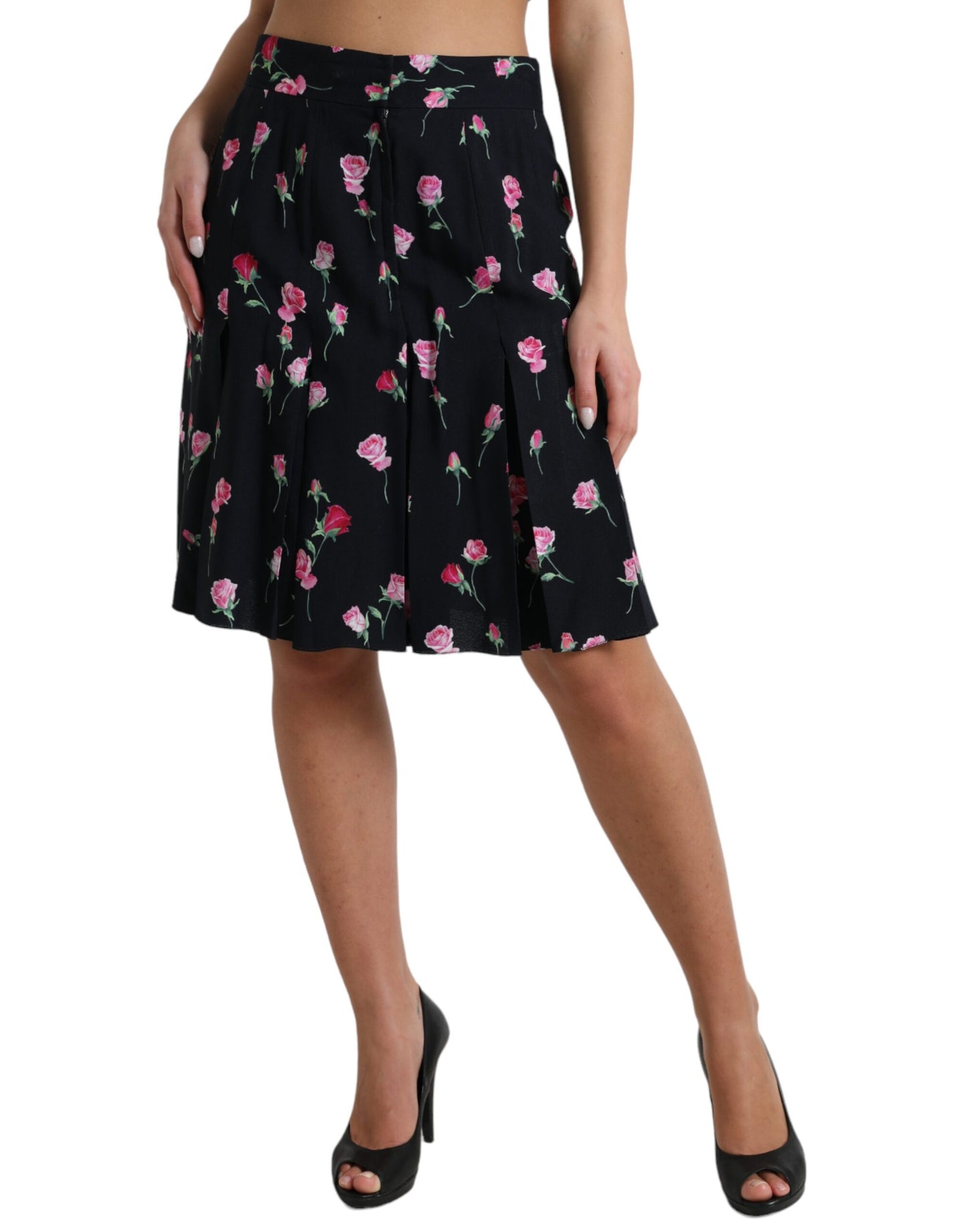 Dolce & Gabbana – Knielanger A-Linien-Rock mit hoher Taille und schwarzer Rose