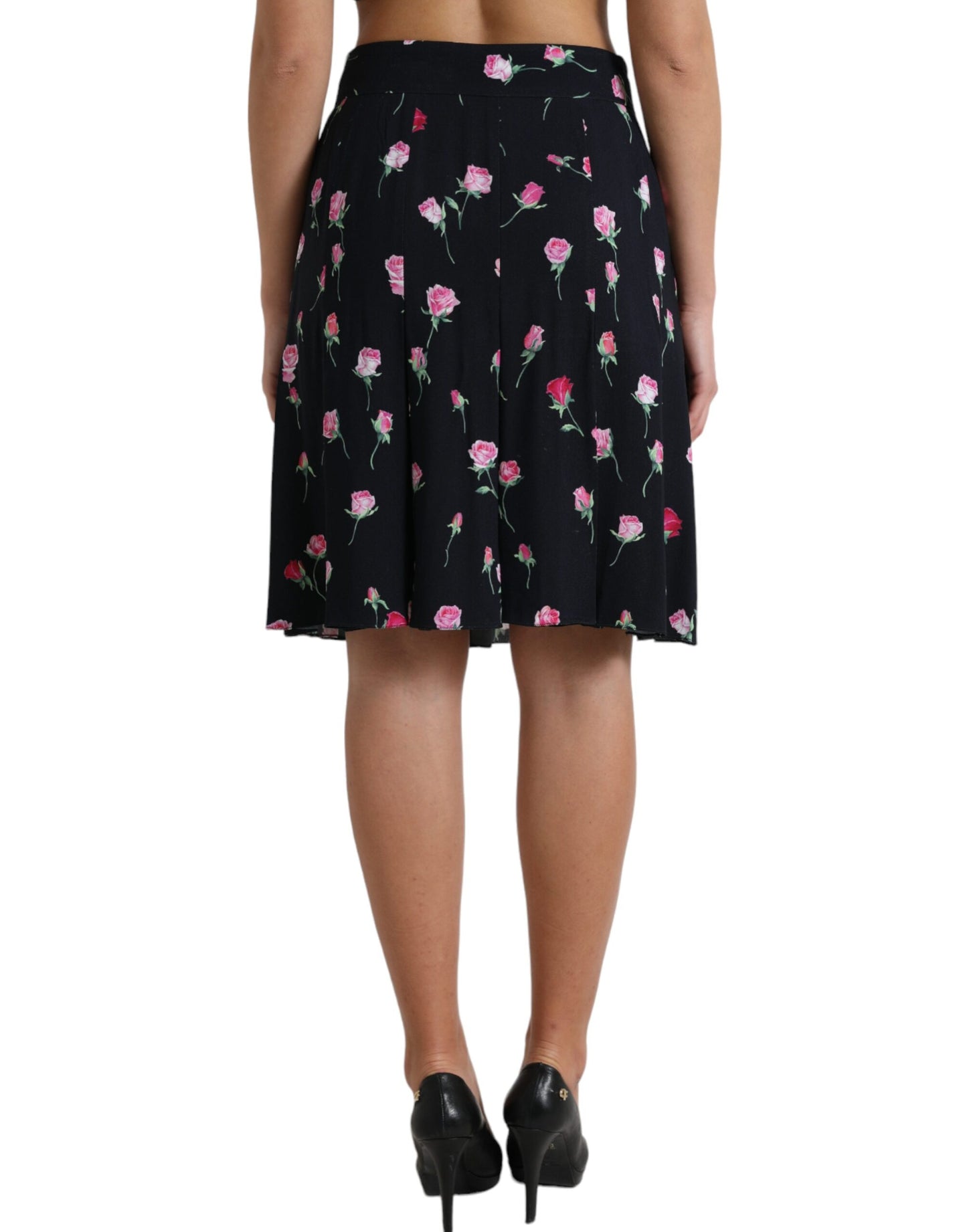 Dolce & Gabbana – Knielanger A-Linien-Rock mit hoher Taille und schwarzer Rose