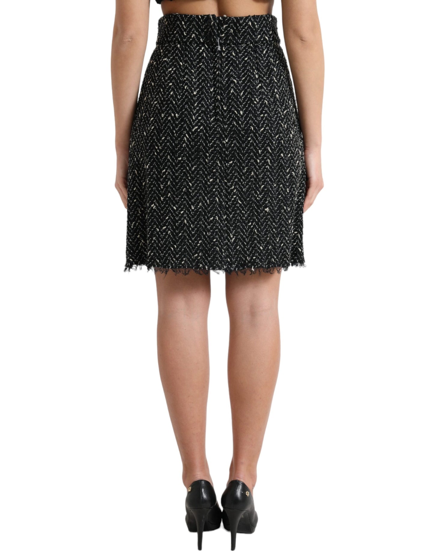 Dolce & Gabbana – Schwarzer Minirock aus Wollstrick-Tweed mit hoher Taille