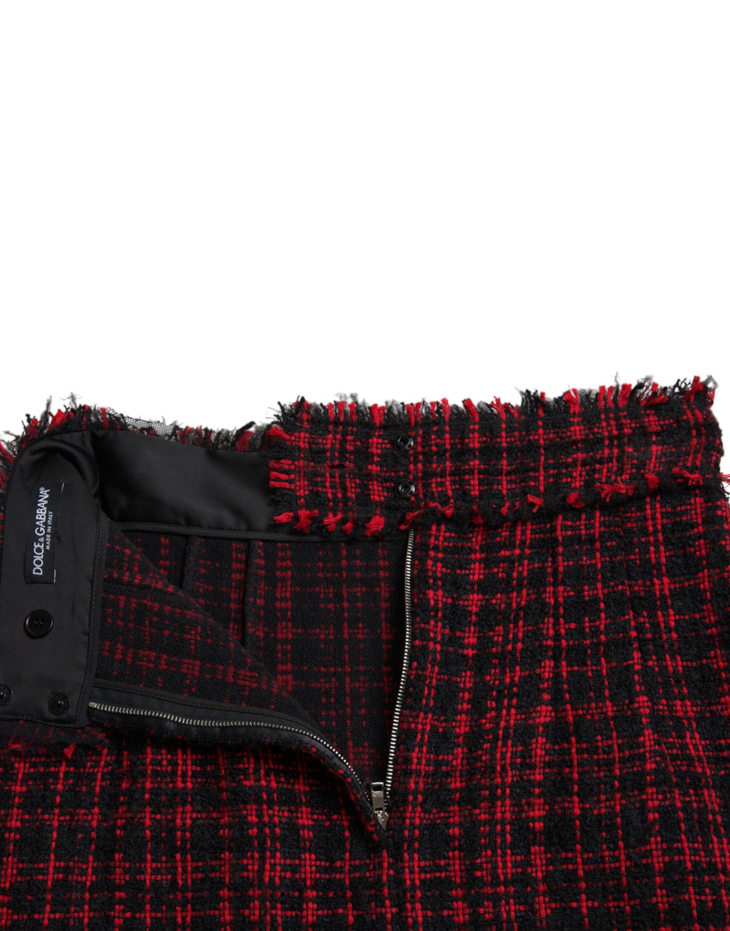 Dolce & Gabbana – Schwarz-roter Minirock aus Baumwolle mit hoher Taille und Tartan-Tweed