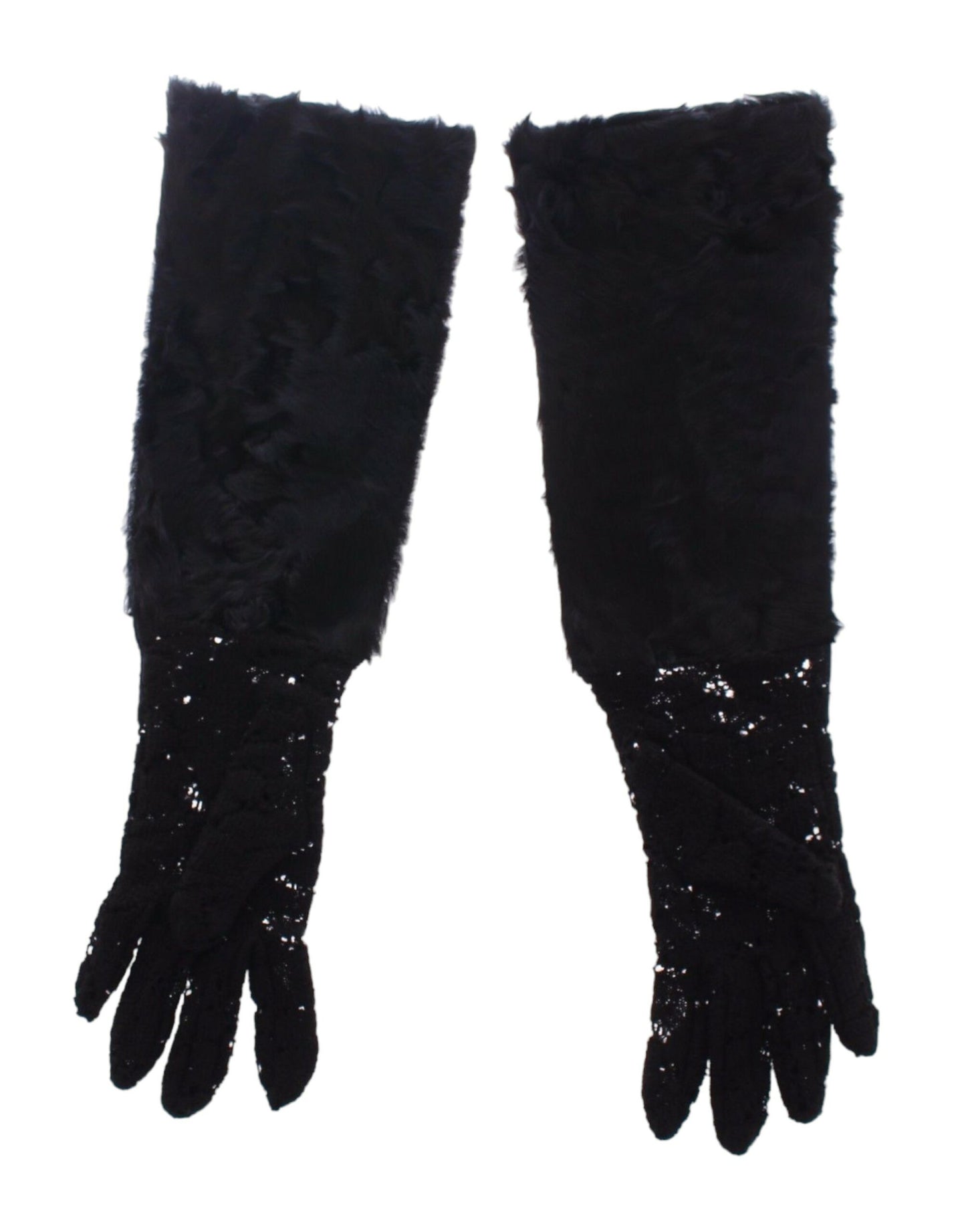 Dolce & Gabbana – Schwarze Ellbogenhandschuhe aus Wolllammfell mit Spitze