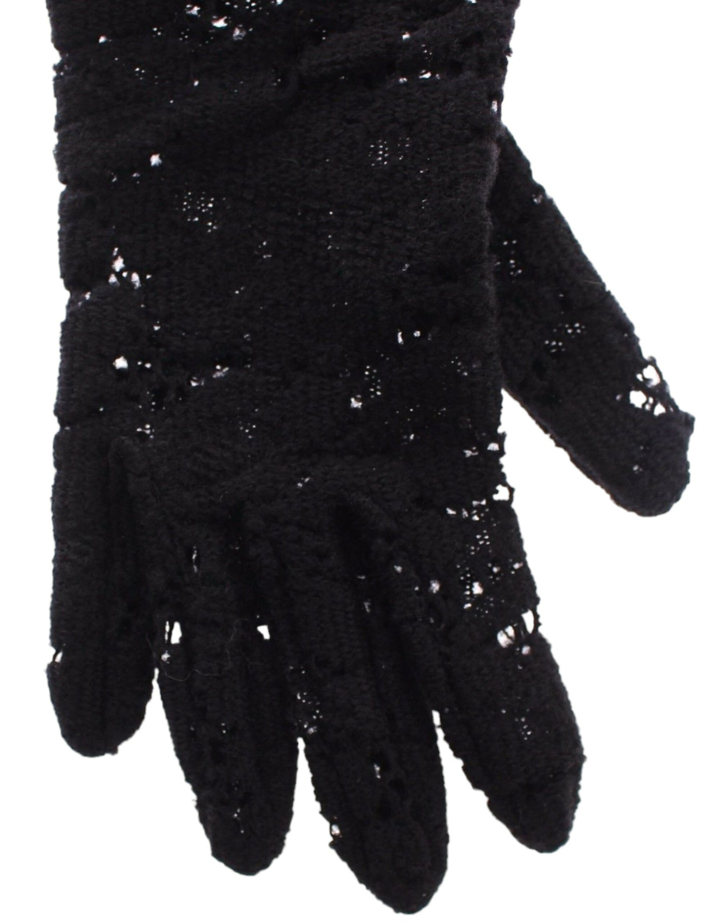 Dolce & Gabbana – Schwarze Ellbogenhandschuhe aus Wolllammfell mit Spitze