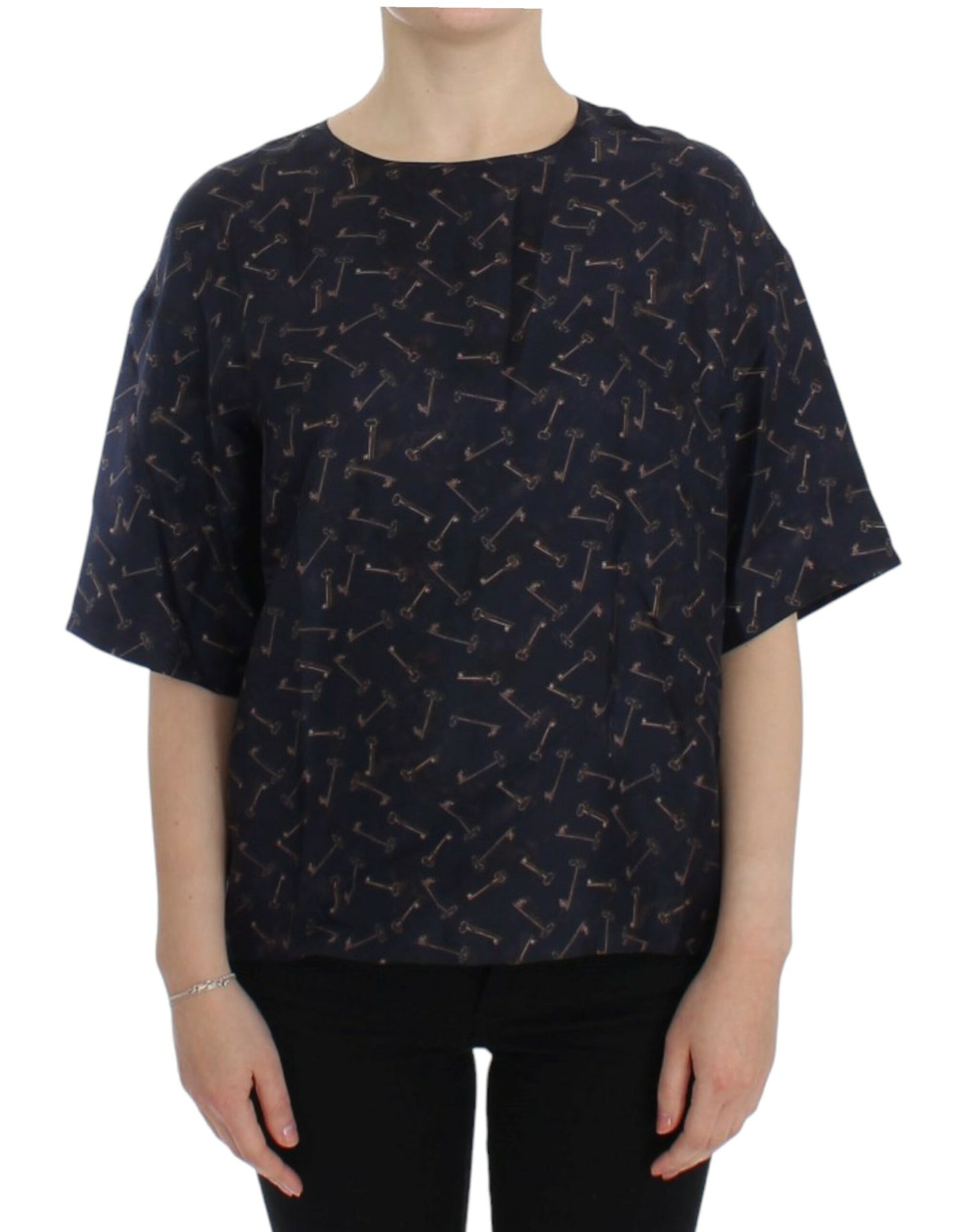 Dolce & Gabbana Blaue Seidenbluse mit goldenem Schlüsseldruck