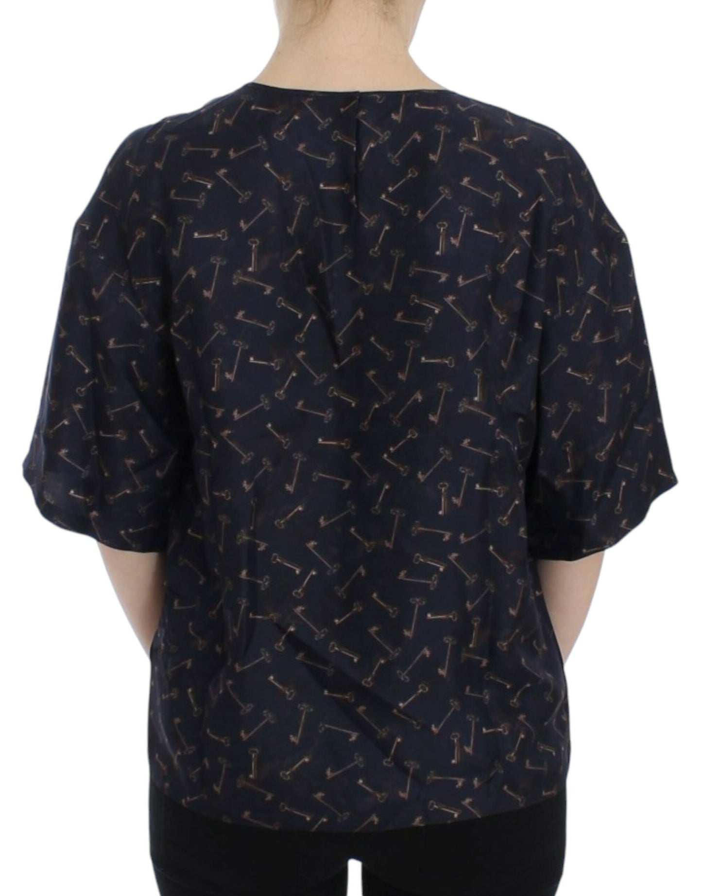 Dolce & Gabbana Blaue Seidenbluse mit goldenem Schlüsseldruck