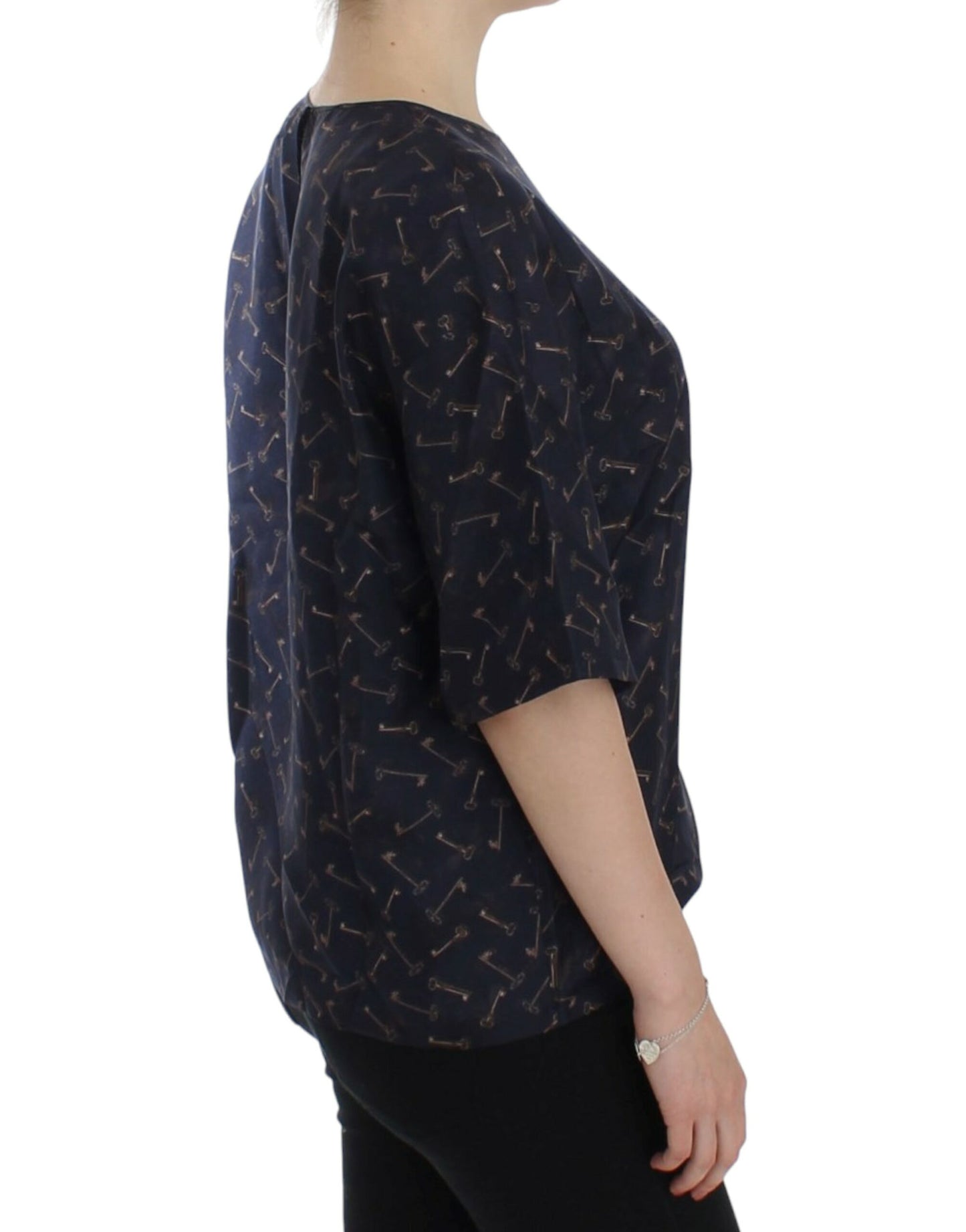 Dolce & Gabbana Blaue Seidenbluse mit goldenem Schlüsseldruck