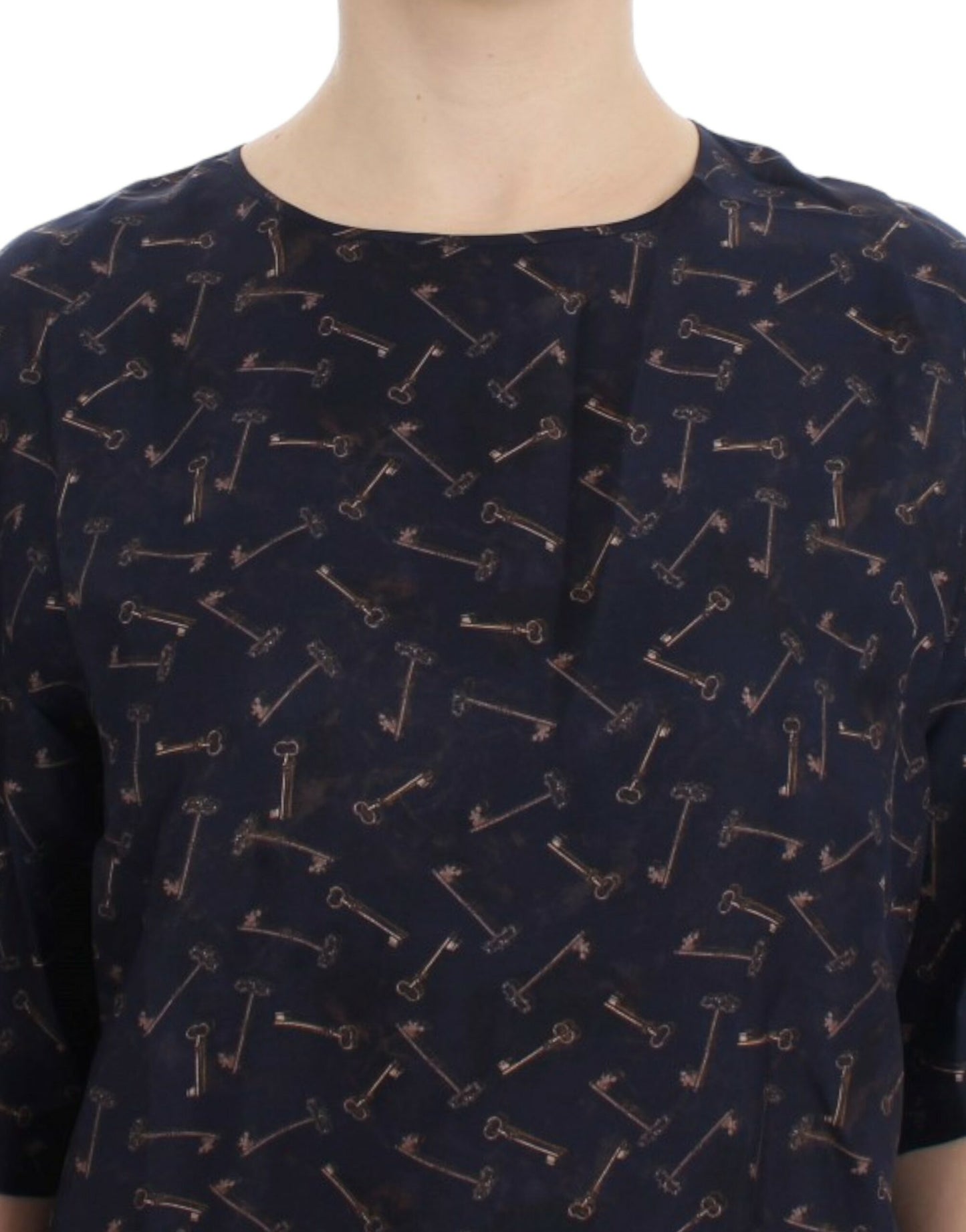 Dolce & Gabbana Blaue Seidenbluse mit goldenem Schlüsseldruck