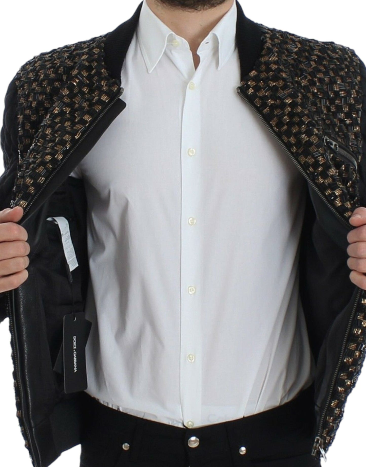 Dolce & Gabbana Schwarze Ziegenlederjacke mit Pailletten