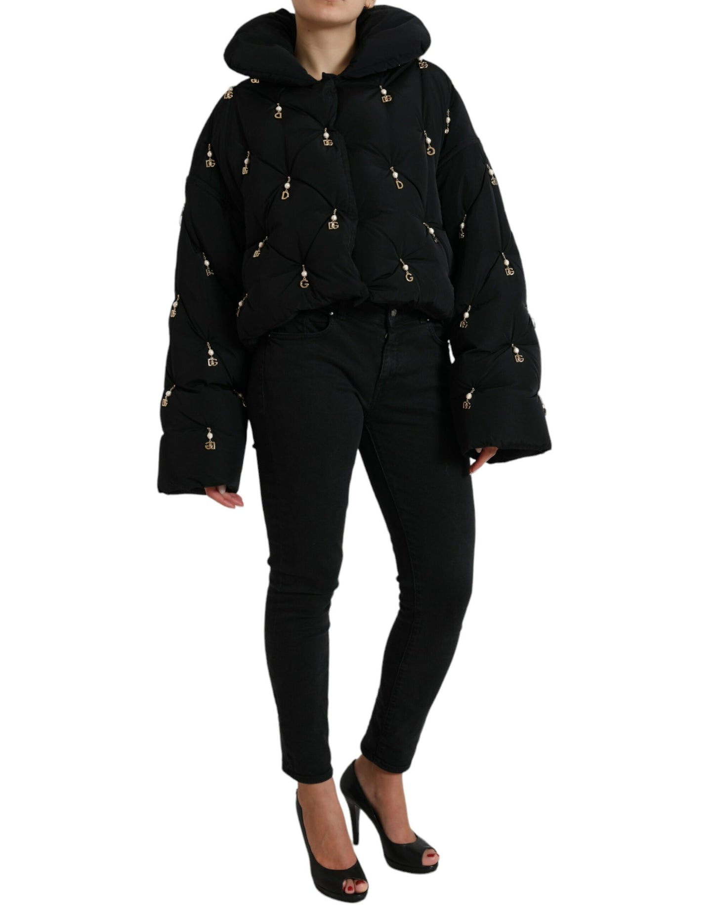 Dolce & Gabbana – Schwarze, verzierte, gesteppte Shell-Bomberjacke