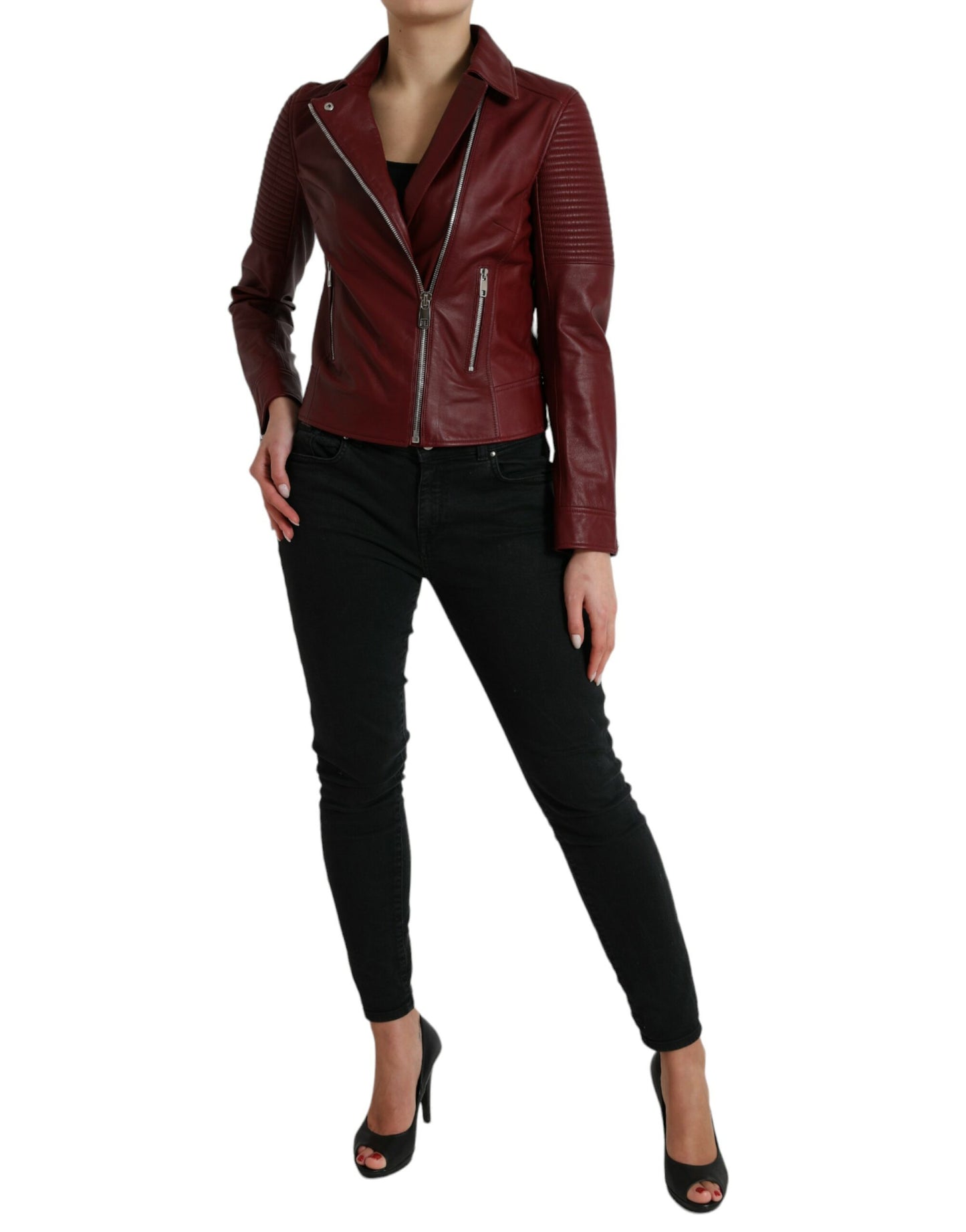Dolce & Gabbana Bordeaux Leder Bikermantel Lammfelljacke