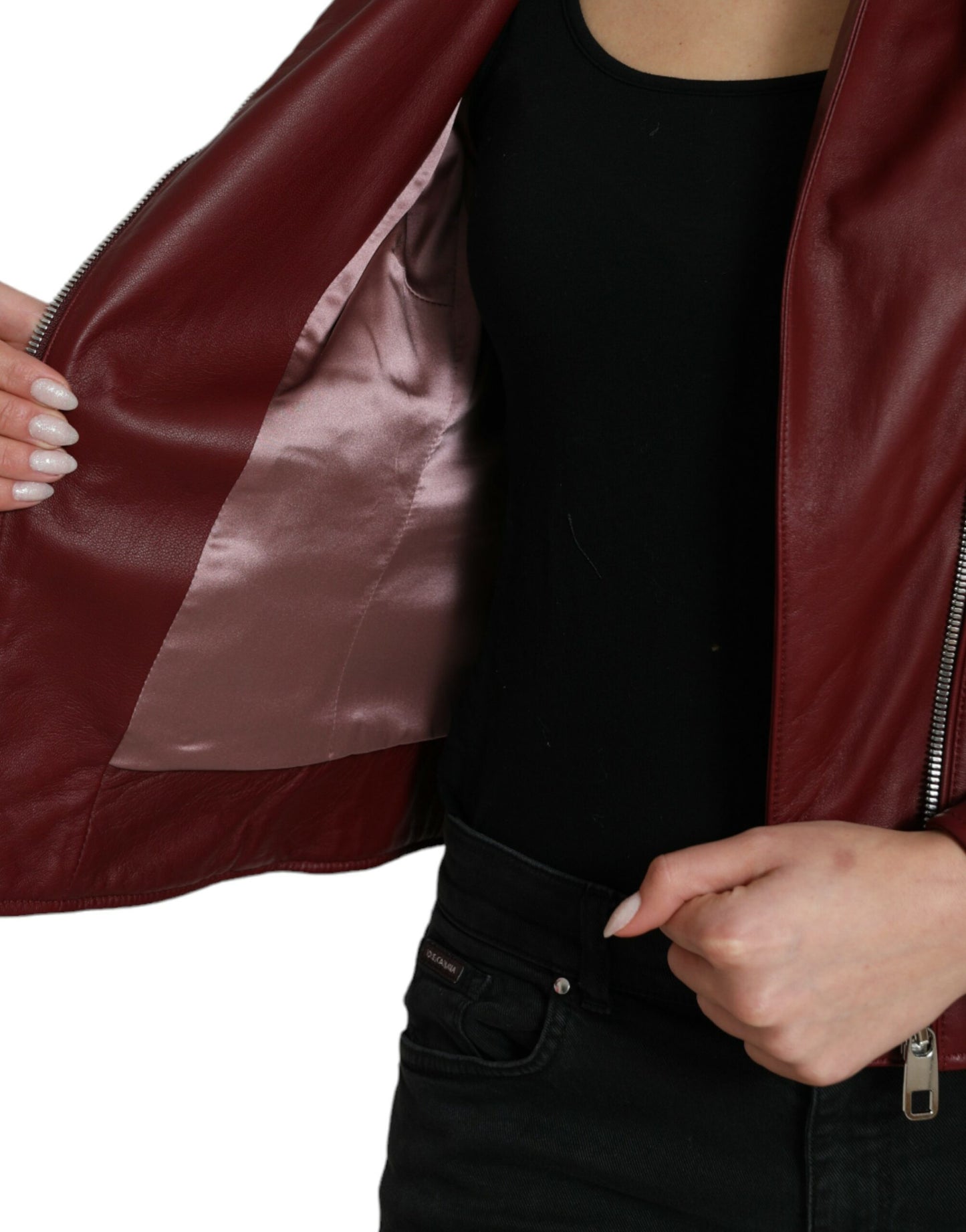 Dolce & Gabbana Bordeaux Leder Bikermantel Lammfelljacke