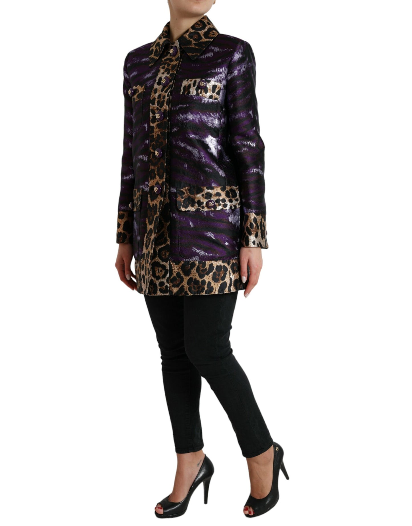 Dolce & Gabbana Lila Lamé-Jacquard-Manteljacke mit Tigermuster