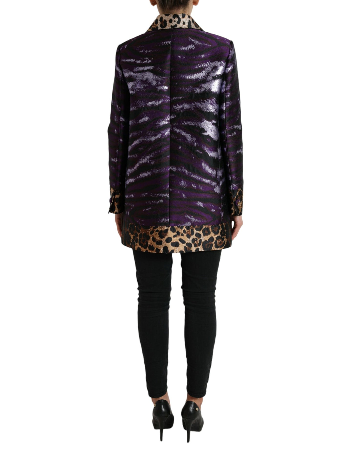 Dolce & Gabbana Lila Lamé-Jacquard-Manteljacke mit Tigermuster