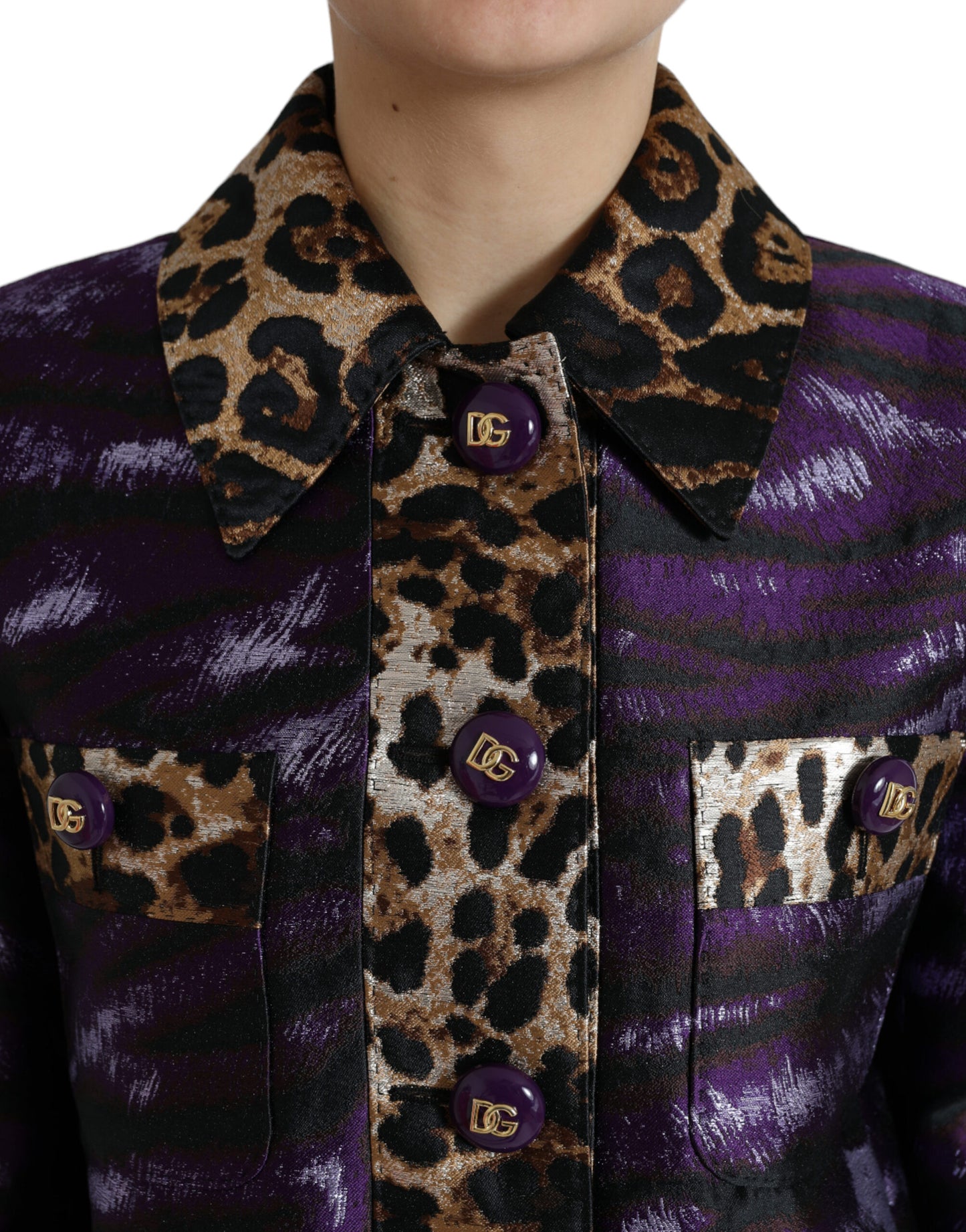 Dolce & Gabbana Lila Lamé-Jacquard-Manteljacke mit Tigermuster