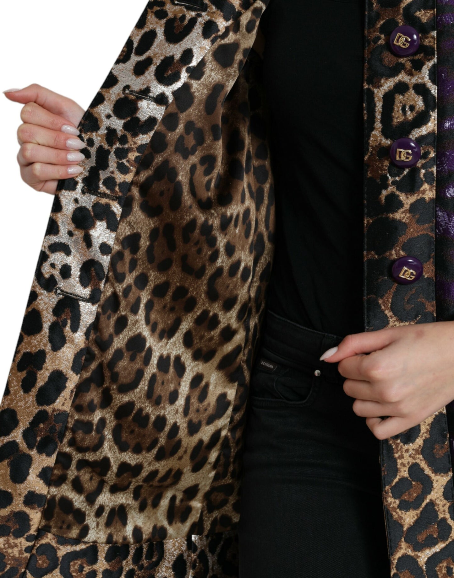 Dolce & Gabbana Lila Lamé-Jacquard-Manteljacke mit Tigermuster
