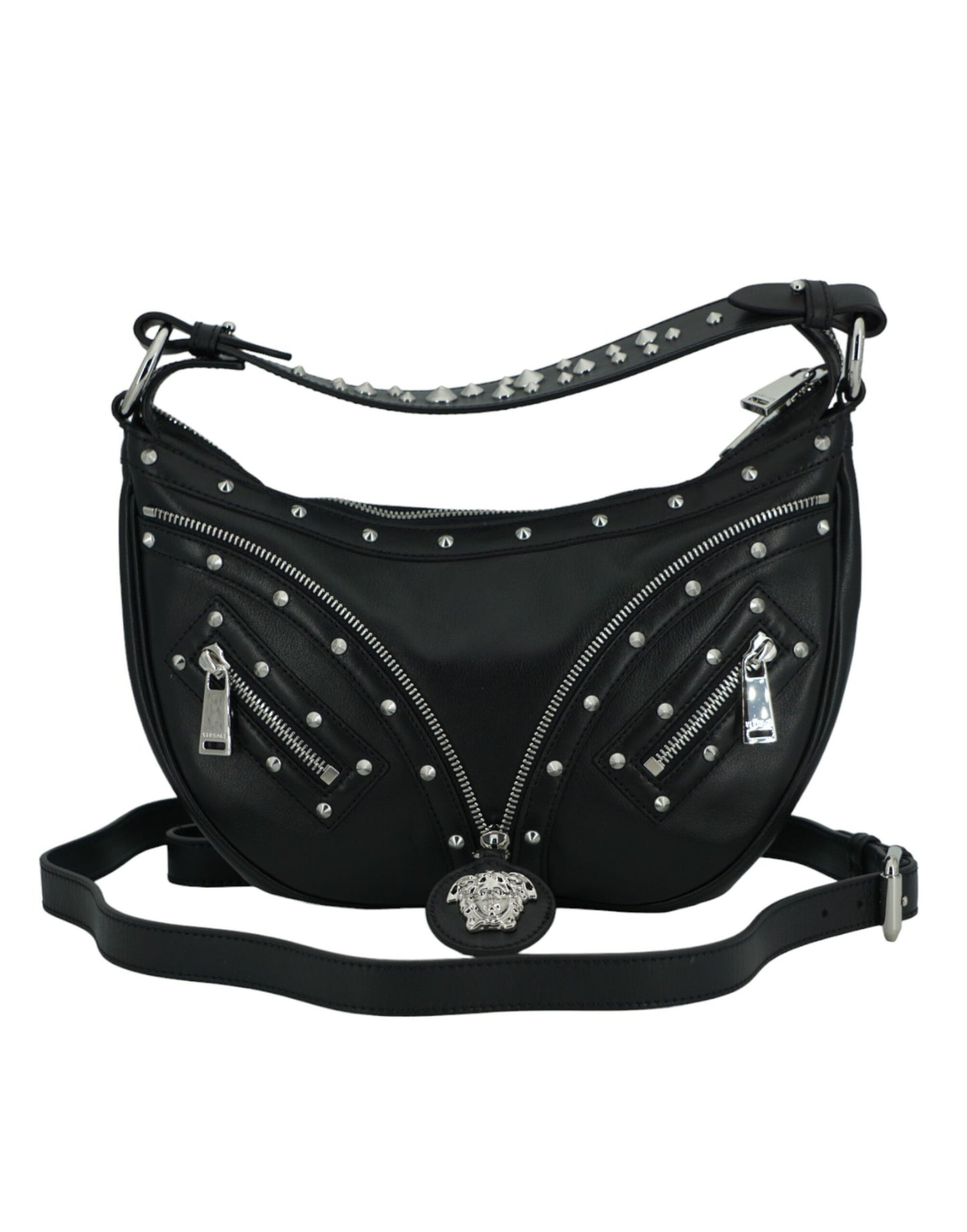 Versace Elegante Hobo-Umhängetasche aus schwarzem Leder
