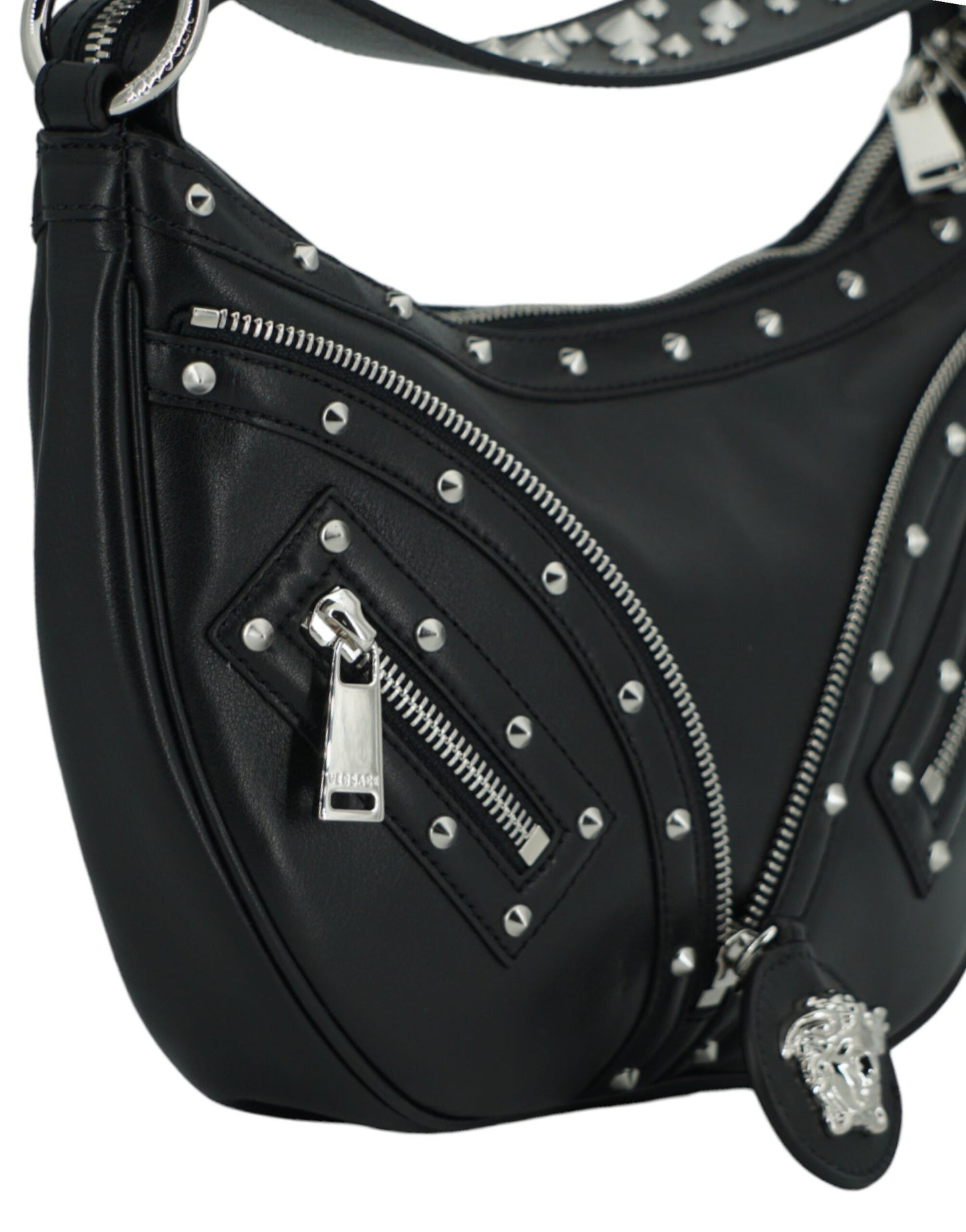 Versace Elegante Hobo-Umhängetasche aus schwarzem Leder