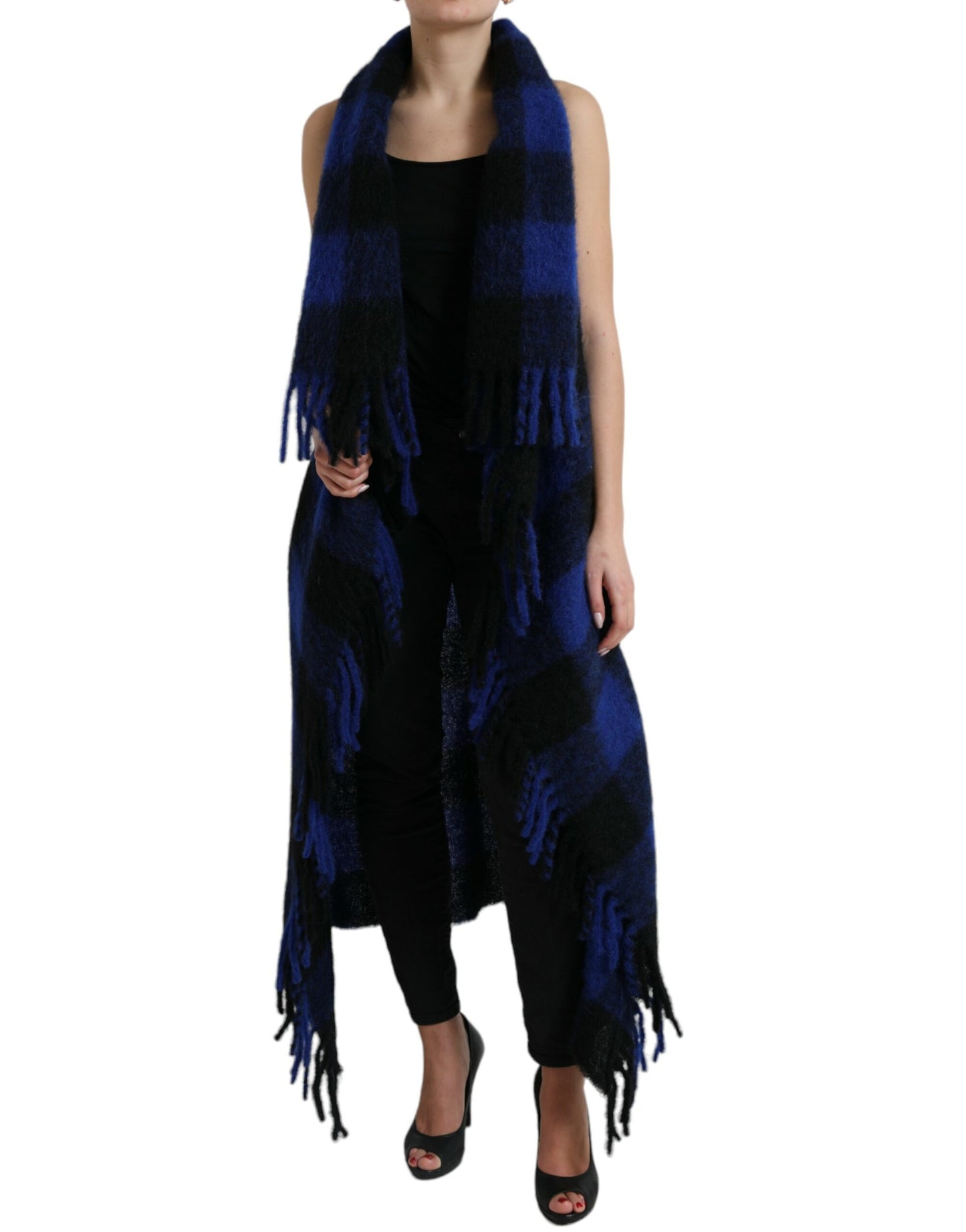 Dolce & Gabbana Schwarz-Blau Buffalo Check Poncho Mantel Pullover
