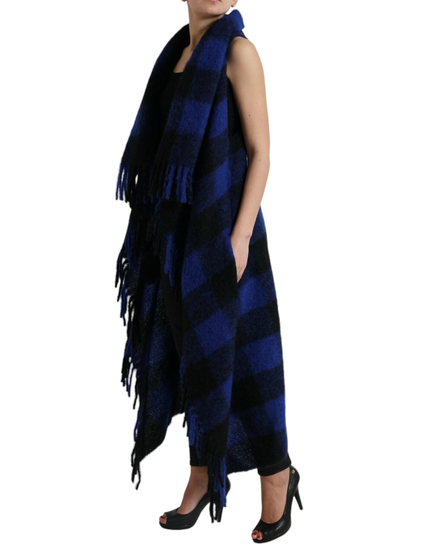 Dolce & Gabbana Schwarz-Blau Buffalo Check Poncho Mantel Pullover