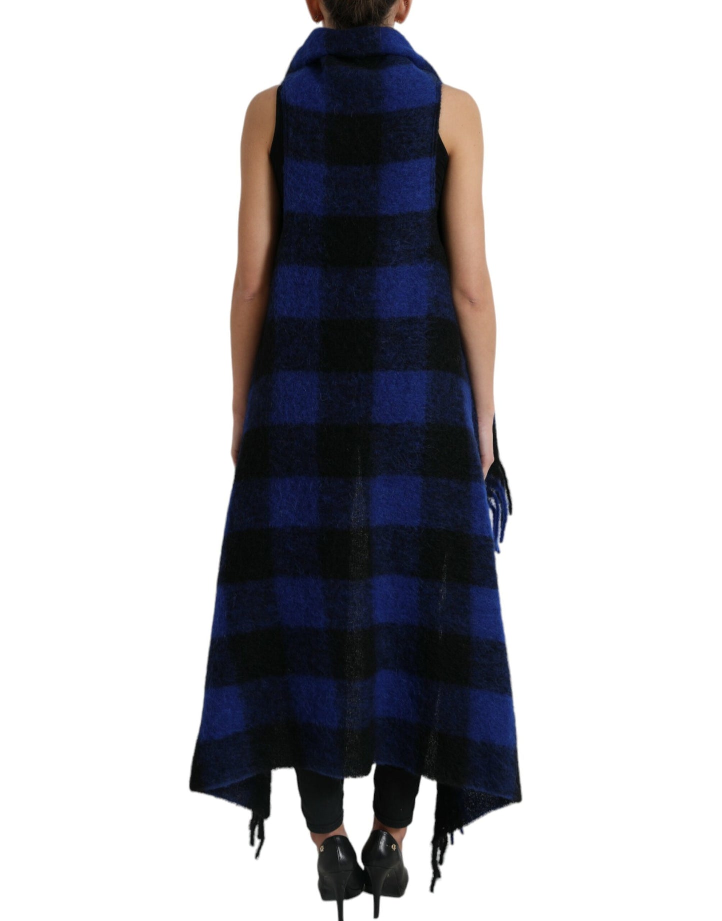 Dolce & Gabbana Schwarz-Blau Buffalo Check Poncho Mantel Pullover