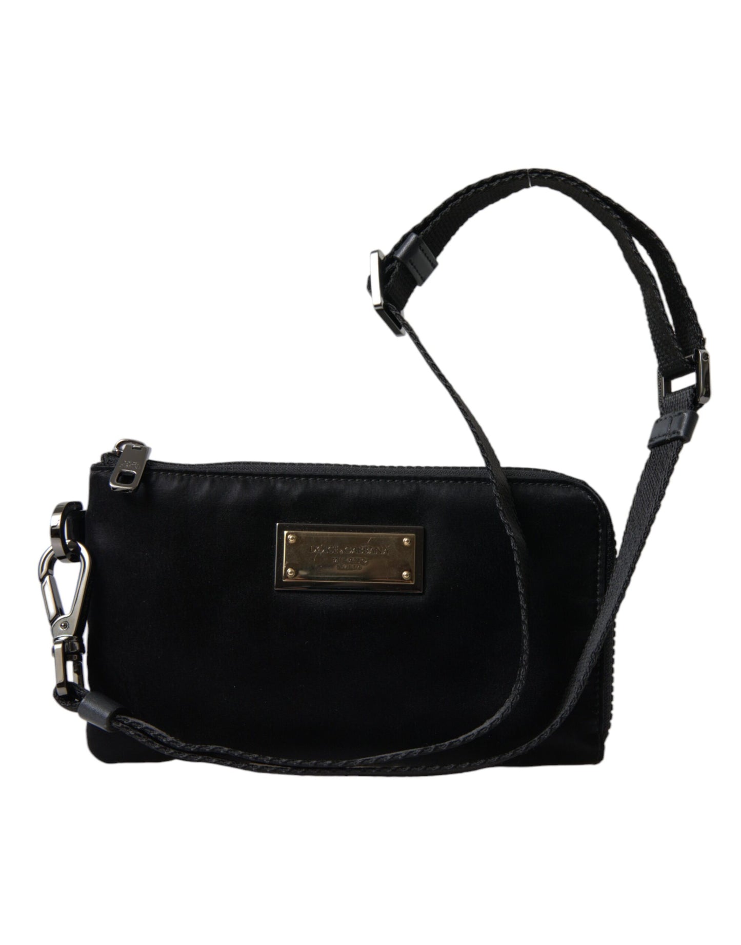 Dolce & Gabbana – Schwarze Clutch aus Nylon mit Schlüsselanhänger und Logo-Plakette