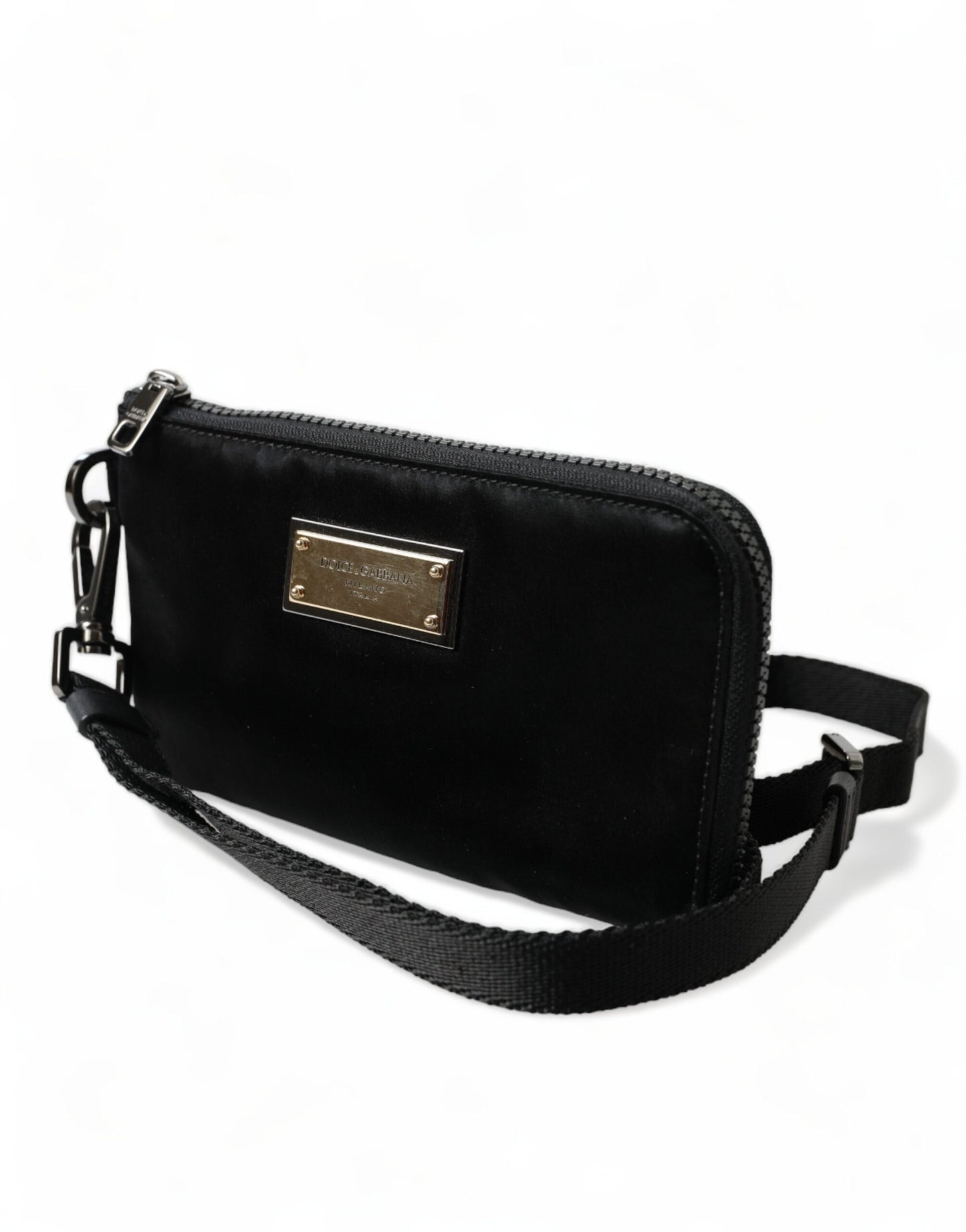 Dolce & Gabbana – Schwarze Clutch aus Nylon mit Schlüsselanhänger und Logo-Plakette