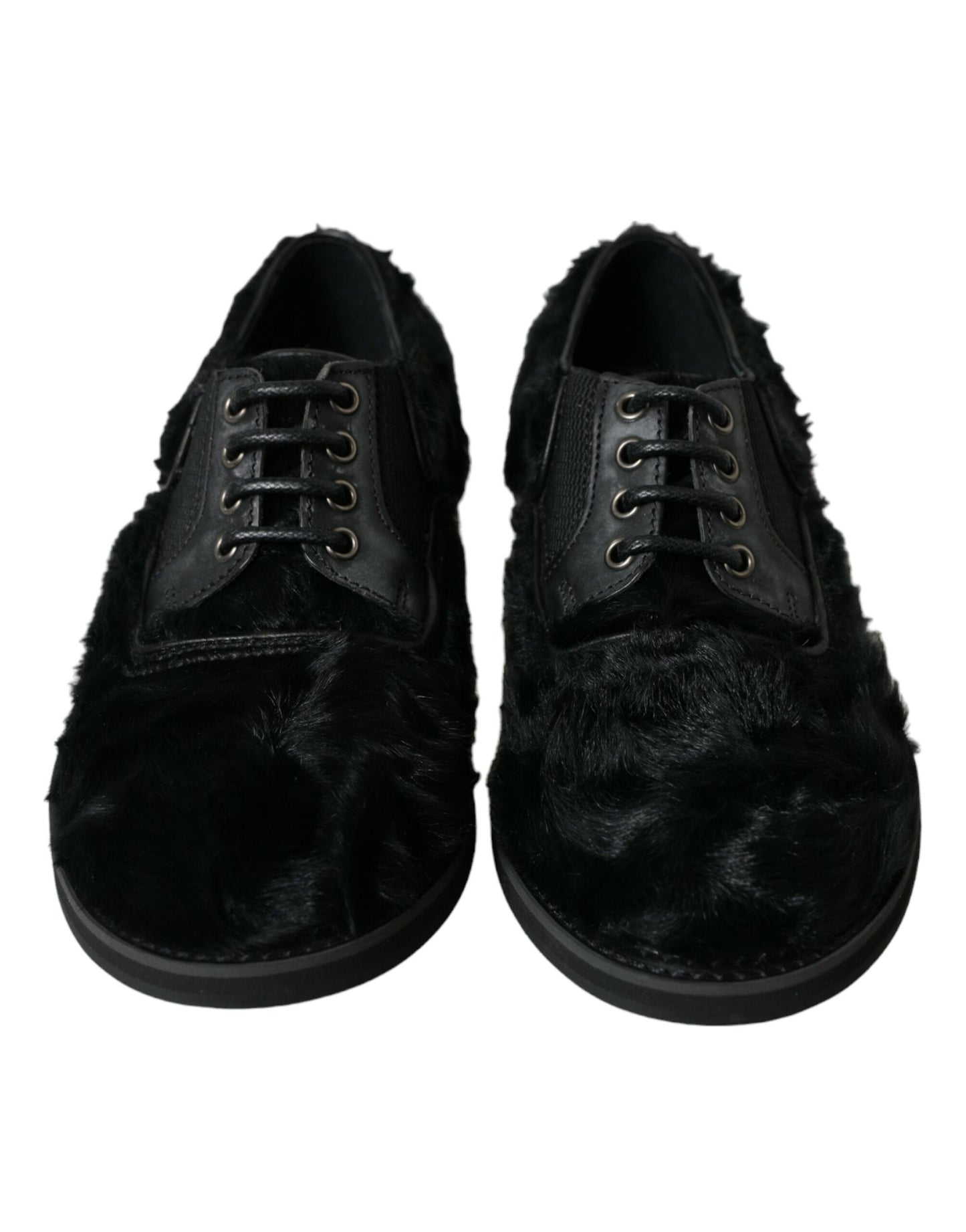 Dolce & Gabbana – Derby-Schuhe mit Schnürung aus schwarzem Pelz und Leder