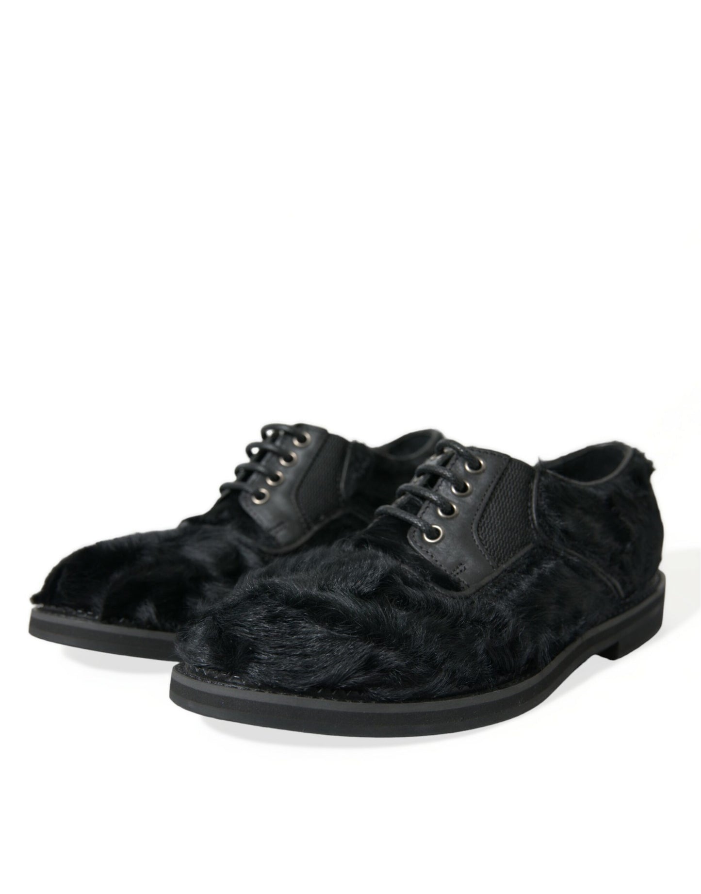 Dolce & Gabbana – Derby-Schuhe mit Schnürung aus schwarzem Pelz und Leder