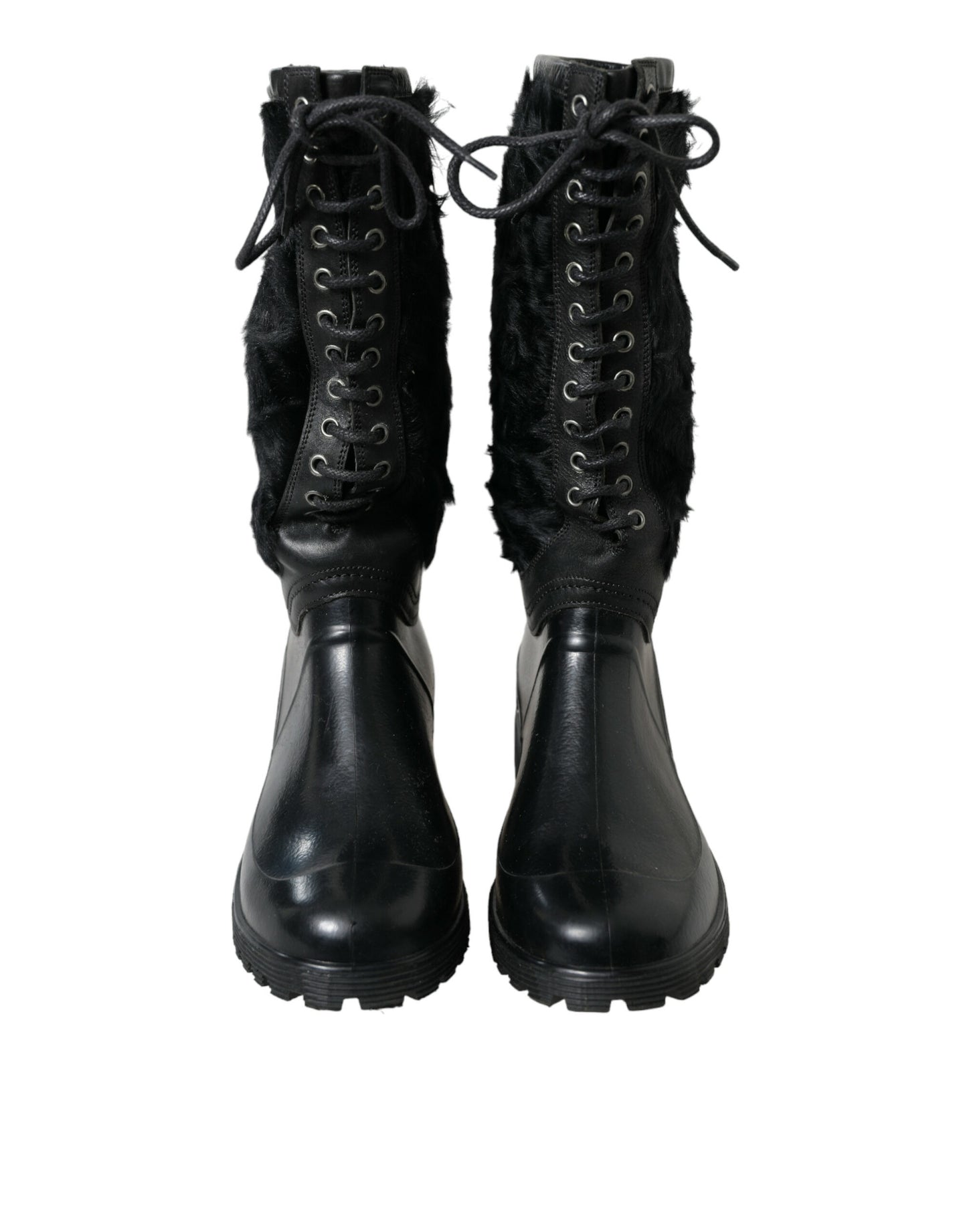 Dolce & Gabbana – Regenstiefel aus schwarzem Gummi mit Schnürung und Lammfell