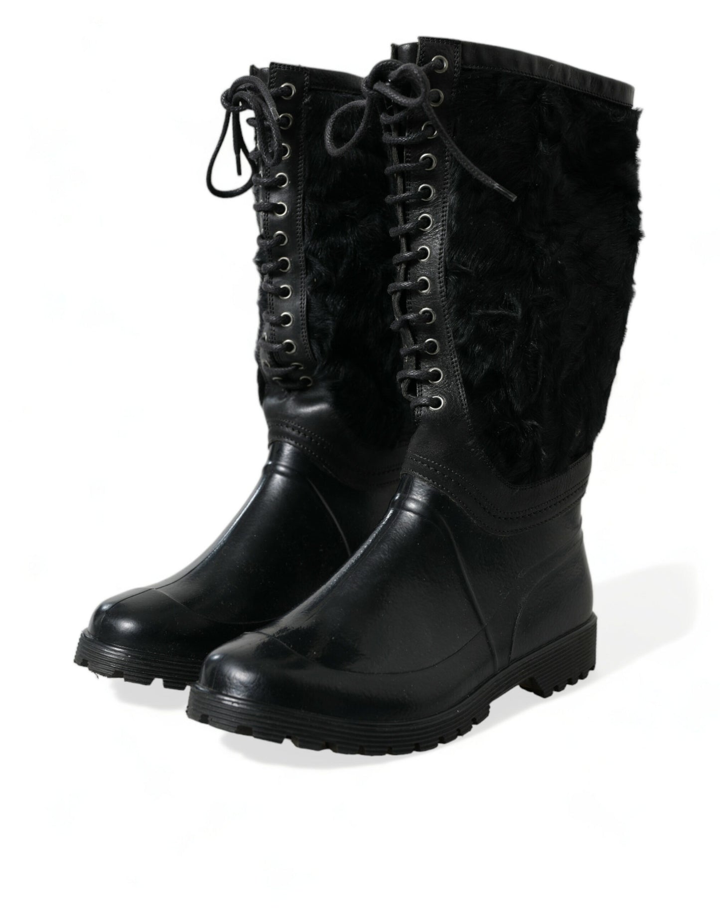Dolce & Gabbana – Regenstiefel aus schwarzem Gummi mit Schnürung und Lammfell