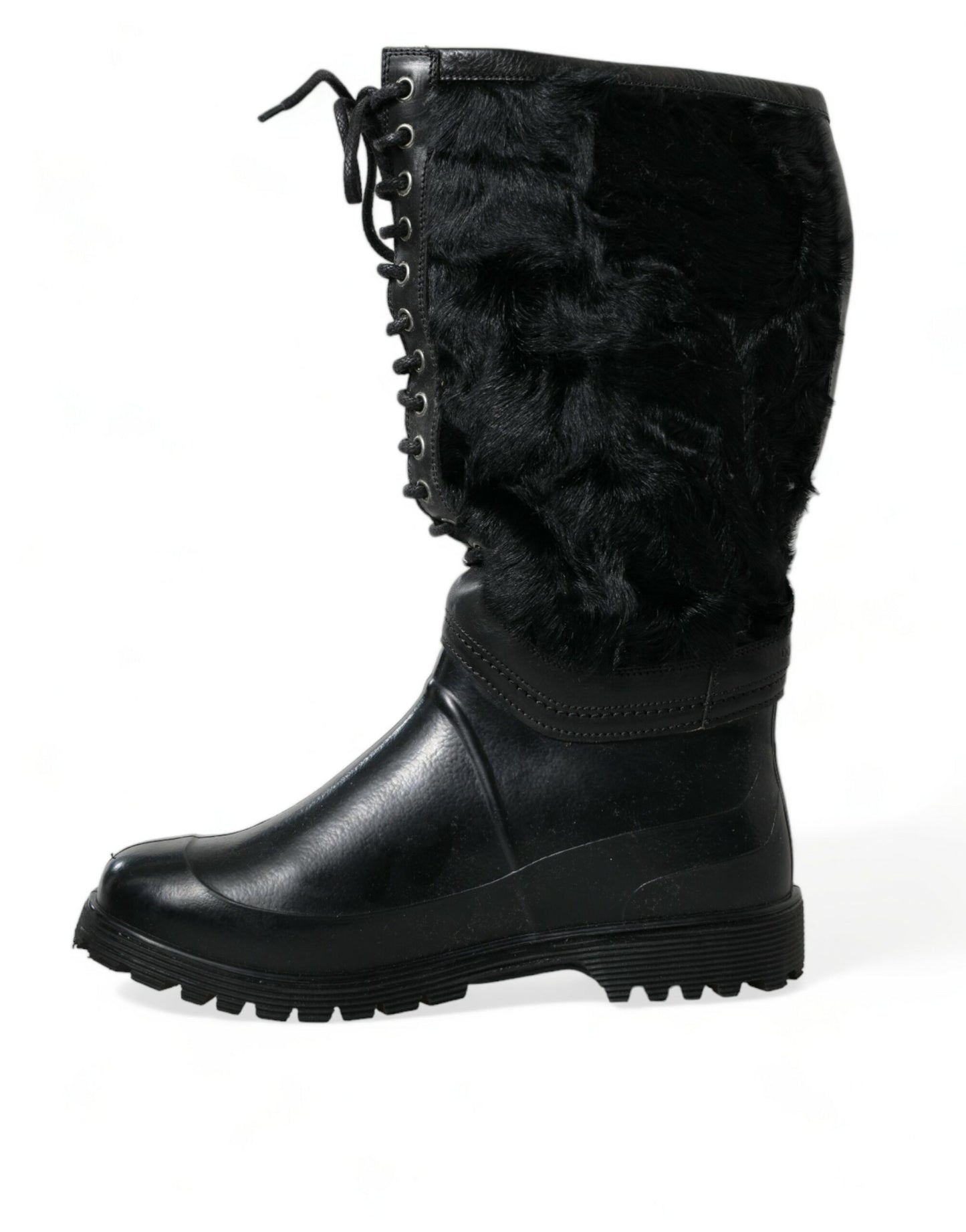 Dolce & Gabbana – Regenstiefel aus schwarzem Gummi mit Schnürung und Lammfell
