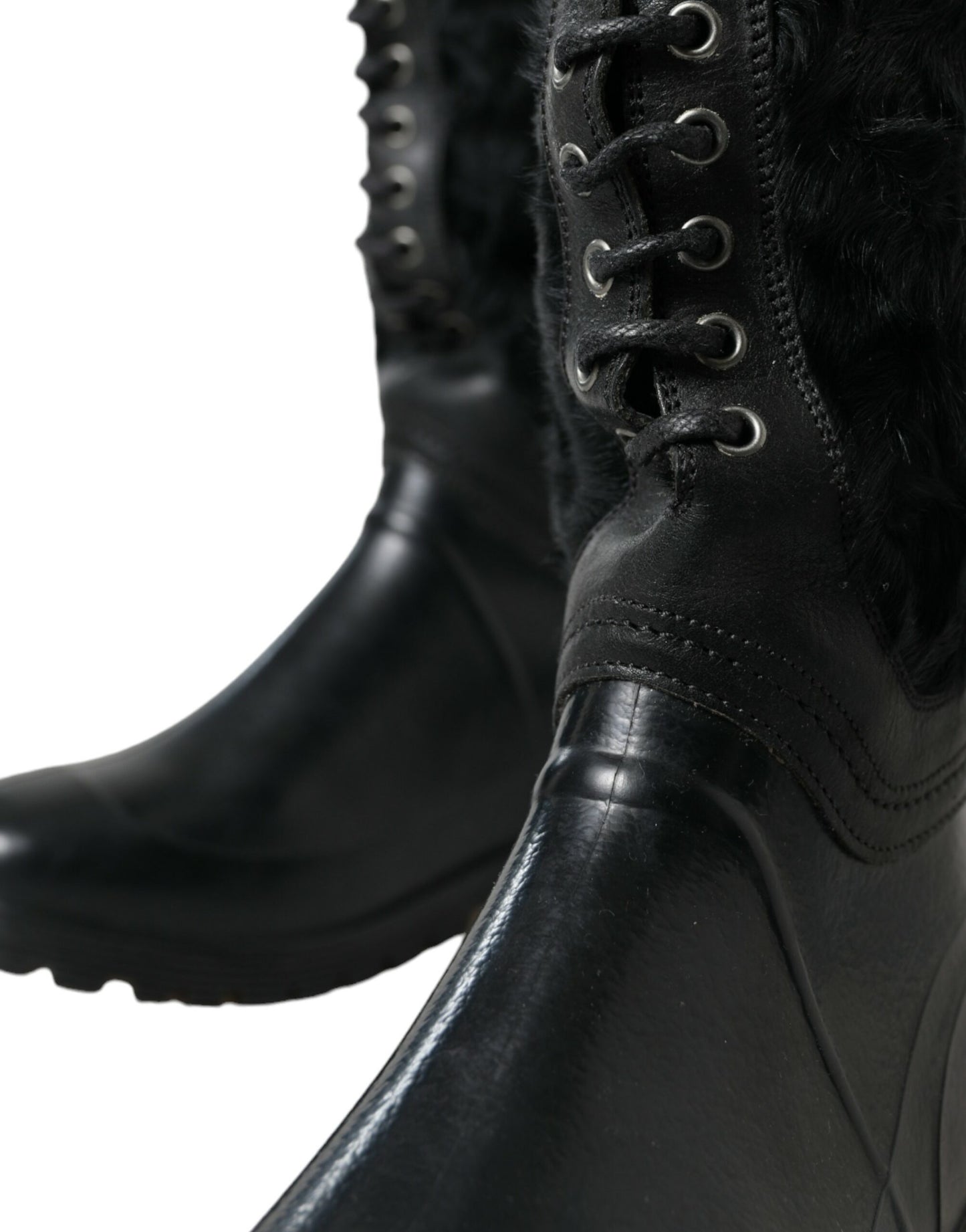 Dolce & Gabbana – Regenstiefel aus schwarzem Gummi mit Schnürung und Lammfell