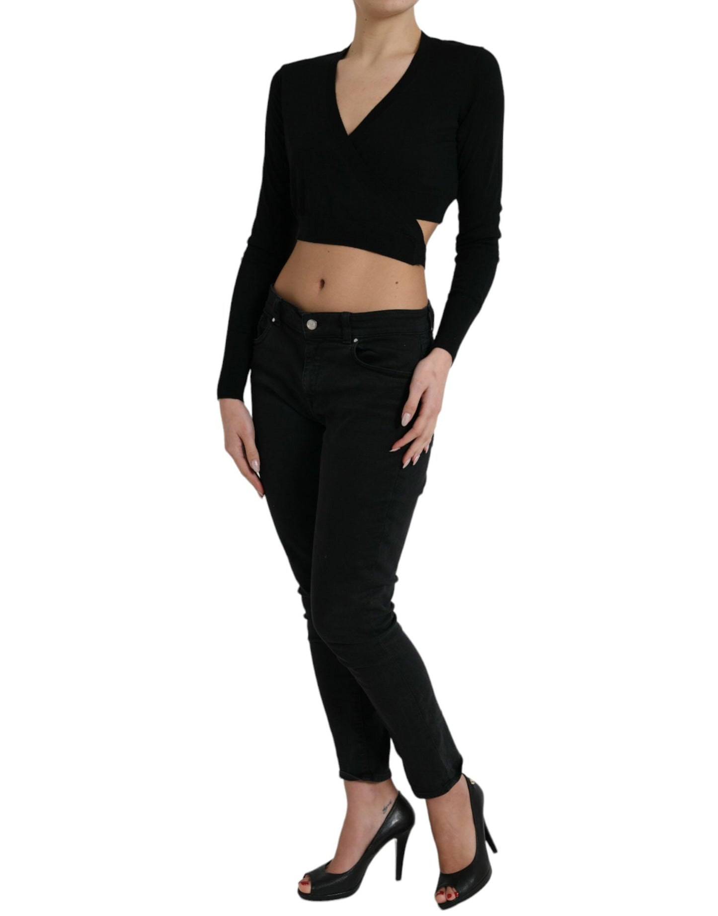 Dolce & Gabbana – Schwarzer Cardigan aus Wolle mit V-Ausschnitt und gekreuztem Saum