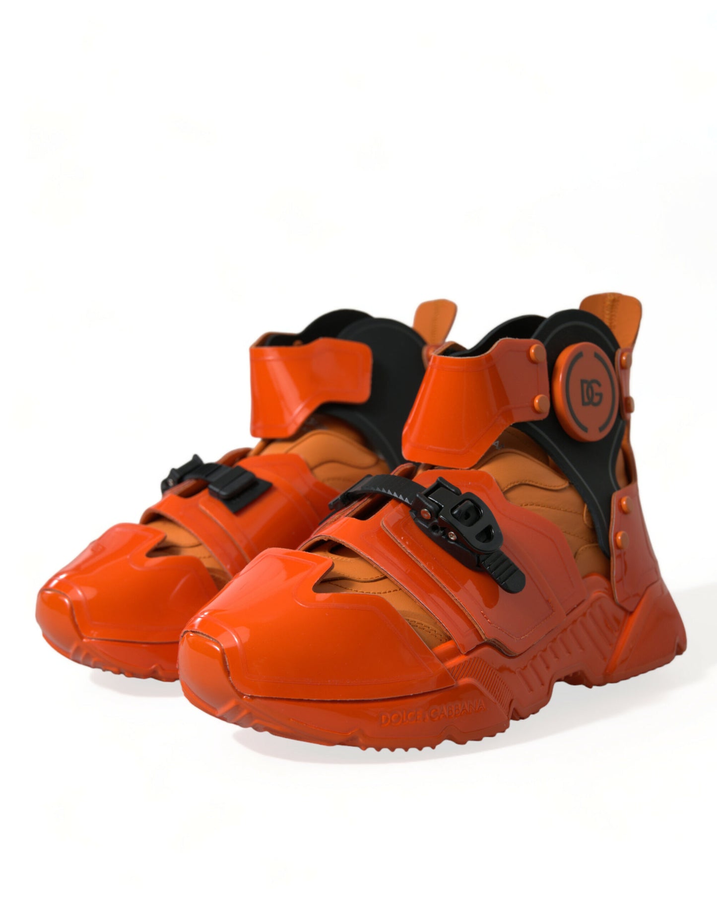 Dolce & Gabbana – Orangefarbene, klobige High-Top-Sneakers mit mehreren Einsätzen