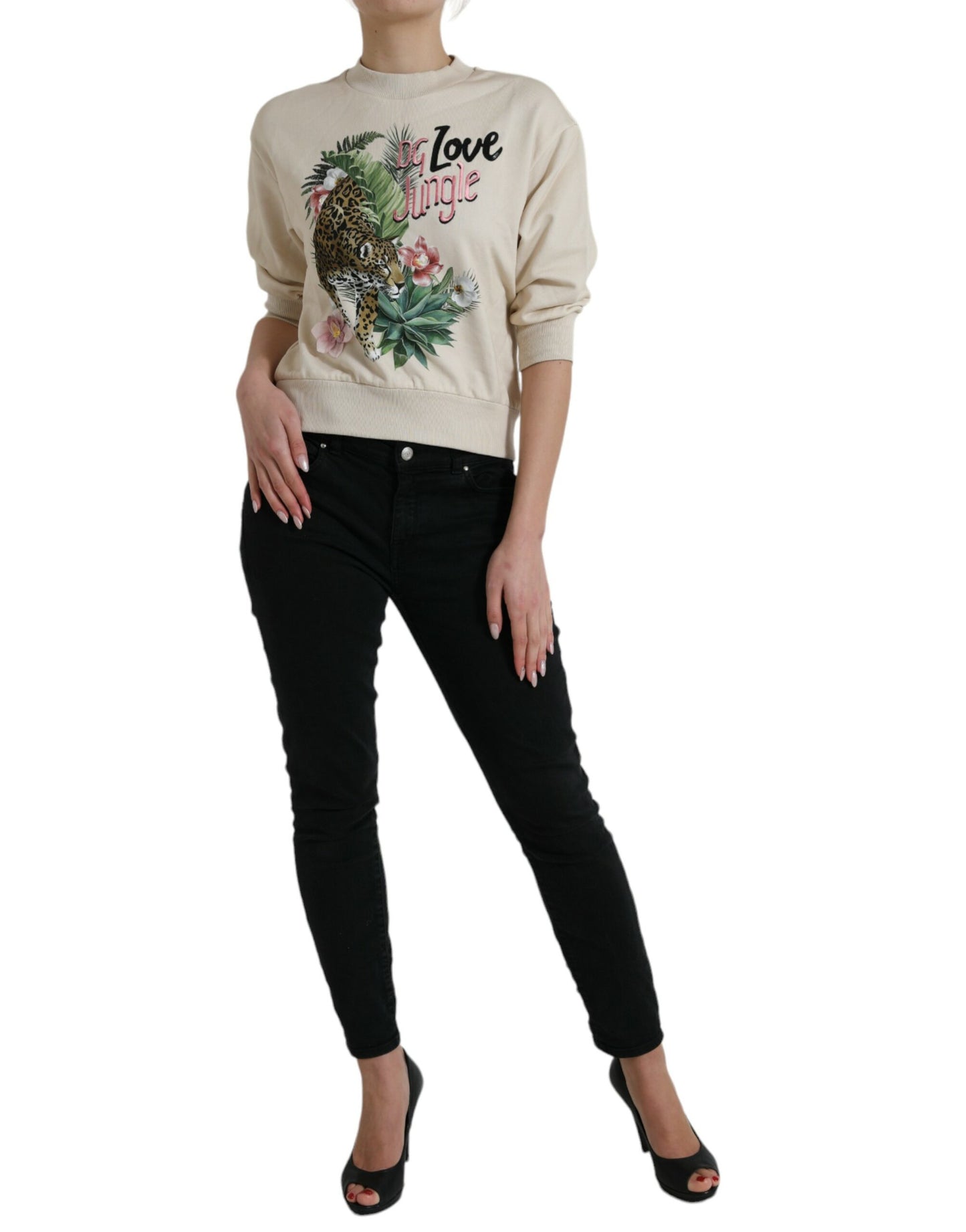 Dolce & Gabbana Beige Pullover aus Baumwolle mit Dschungel-Print
