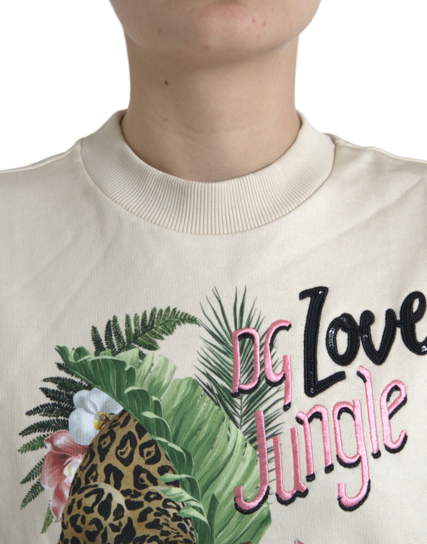 Dolce & Gabbana Beige Pullover aus Baumwolle mit Dschungel-Print
