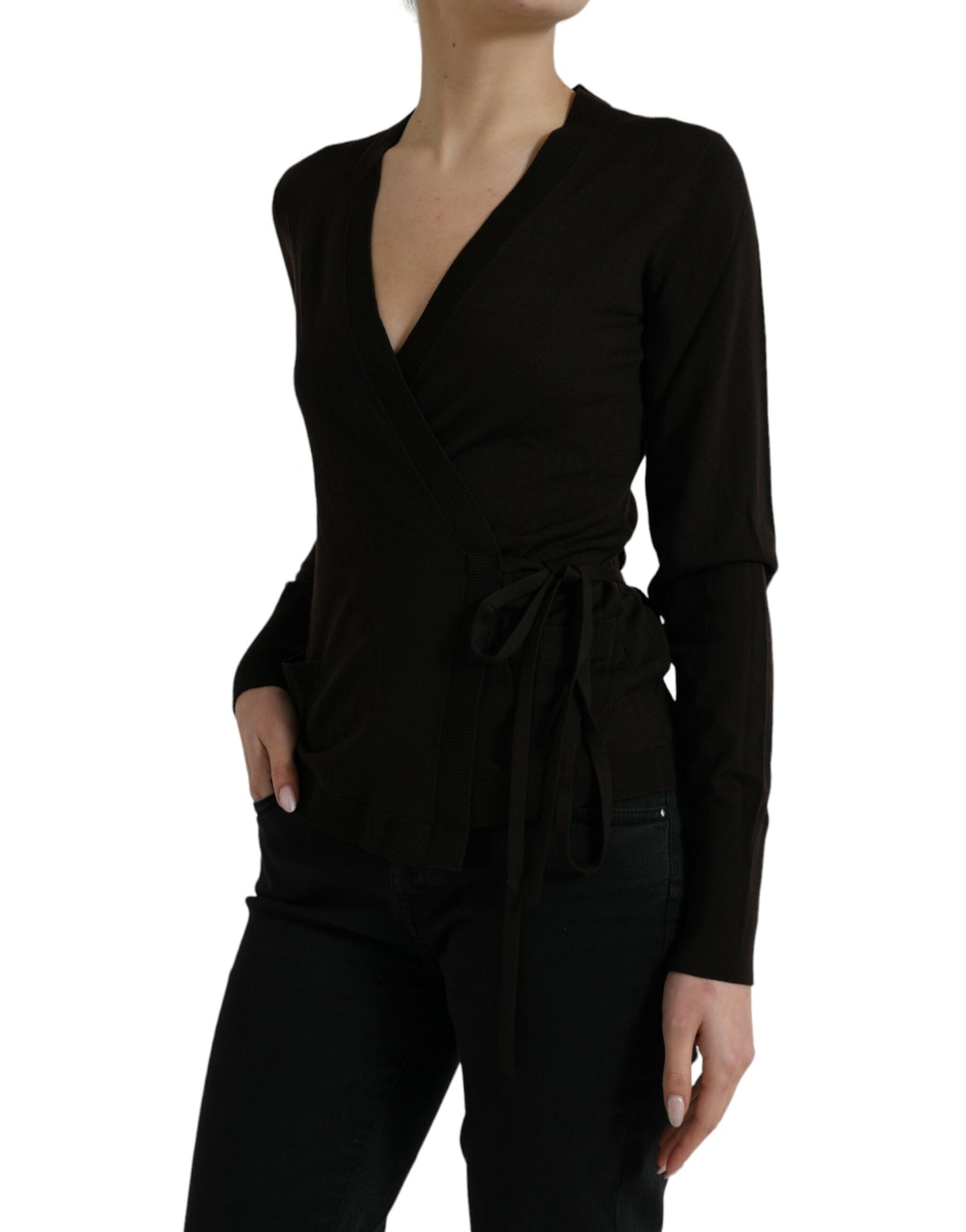 Dolce & Gabbana – Schwarzer Cardigan aus Wolle mit V-Ausschnitt und gekreuztem Saum
