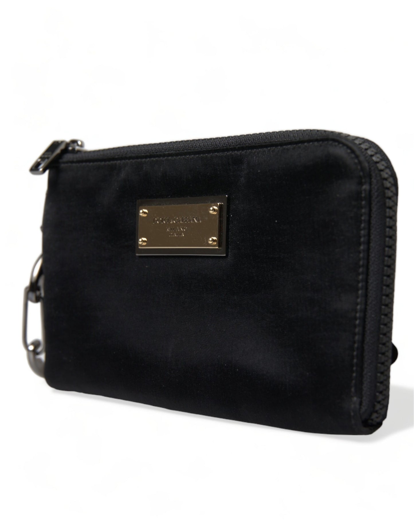 Dolce & Gabbana – Schwarze Clutch aus Nylon mit Schlüsselanhänger und Logo-Plakette