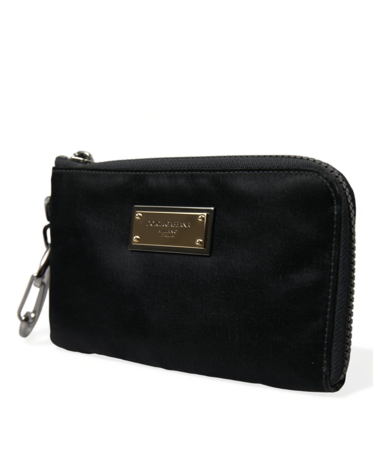 Dolce & Gabbana – Schwarze Clutch aus Nylon mit Schlüsselanhänger und Logo-Plakette