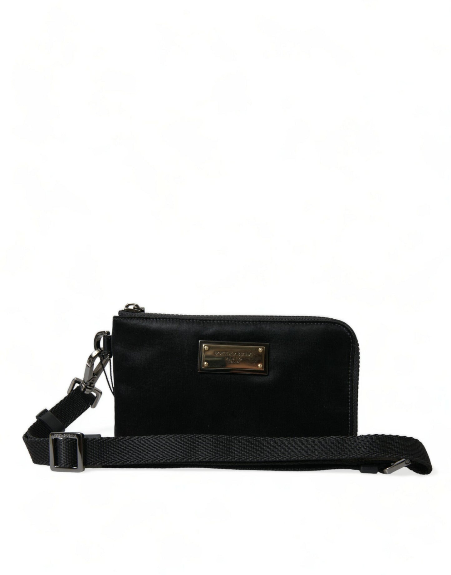 Dolce & Gabbana – Schwarze Clutch aus Nylon mit Schlüsselanhänger und Logo-Plakette