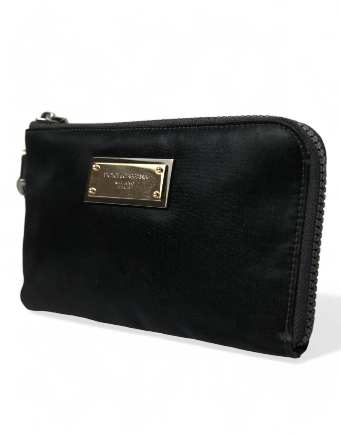 Dolce & Gabbana – Schwarze Clutch aus Nylon mit Schlüsselanhänger und Logo-Plakette