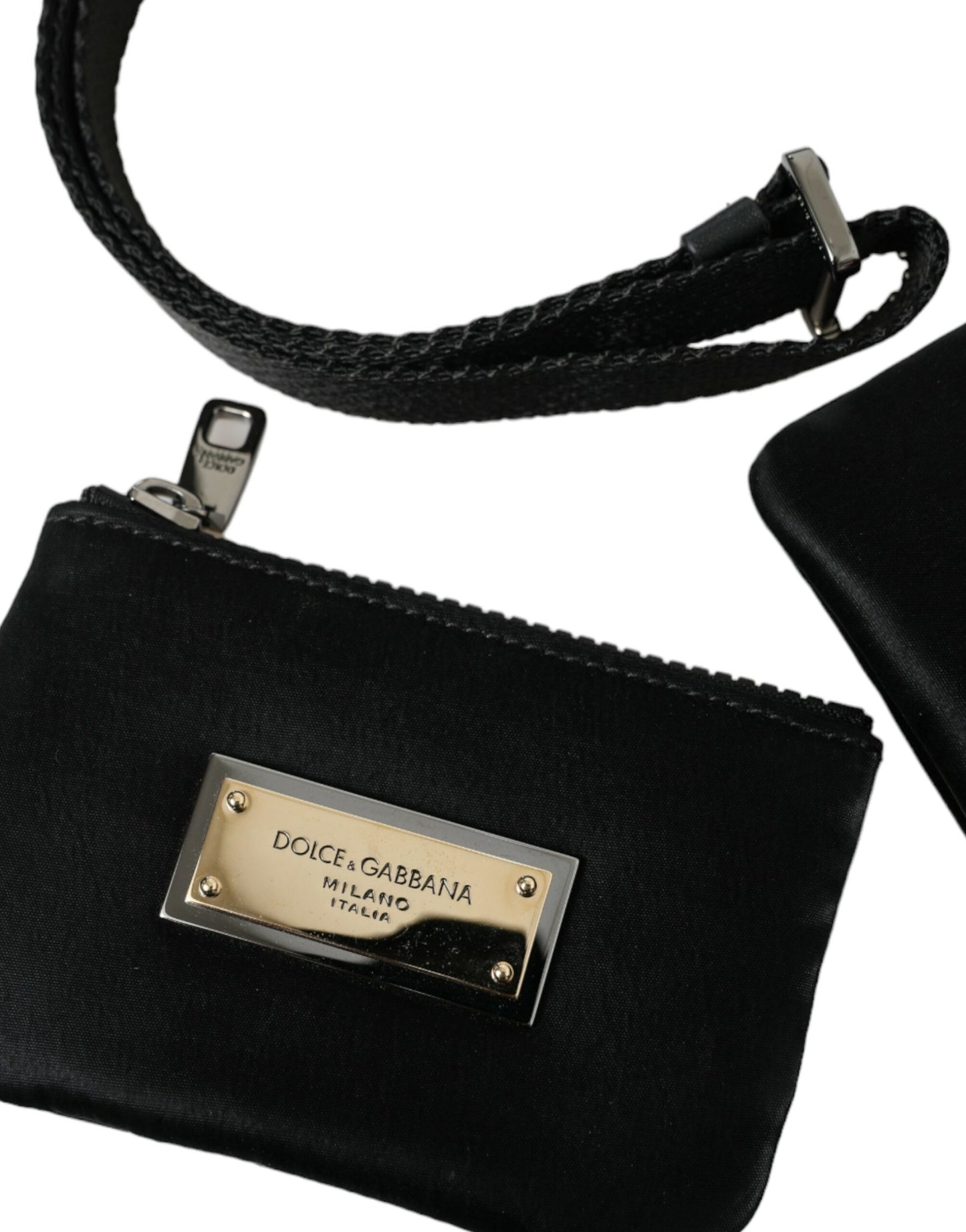 Dolce & Gabbana – Schwarze Clutch aus Nylon mit Schlüsselanhänger und Logo-Plakette