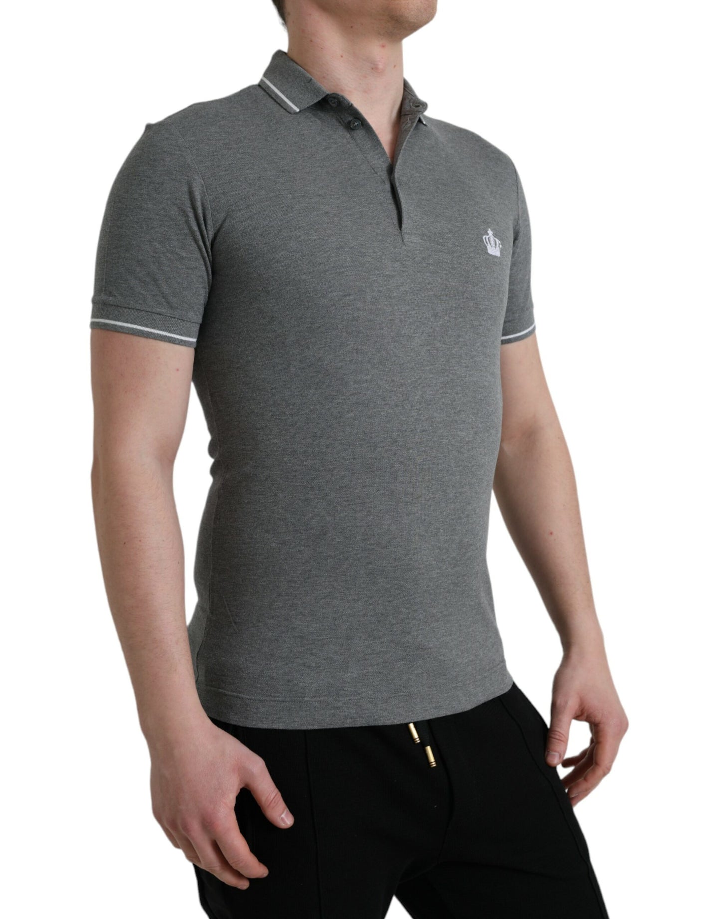 Dolce & Gabbana – Graues T-Shirt mit Kragen und kurzen Ärmeln und Krone