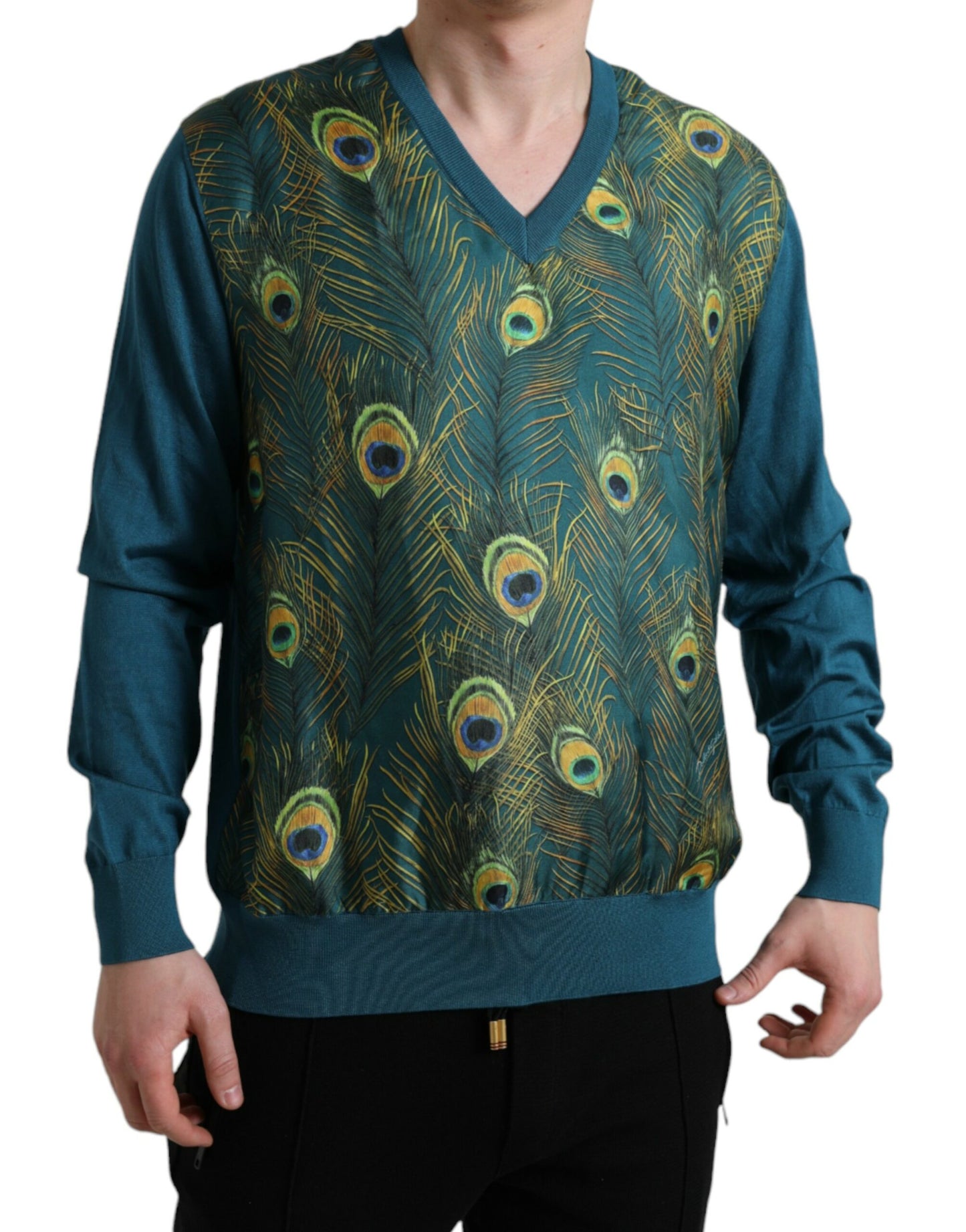 Dolce & Gabbana Grüner Pullover mit Pfauenfedern