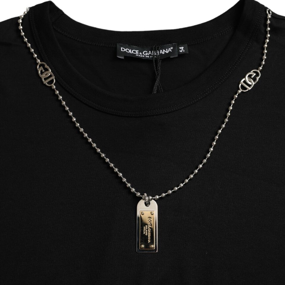 Dolce & Gabbana – Schwarzes, kurzärmliges T-Shirt mit silberner Kette