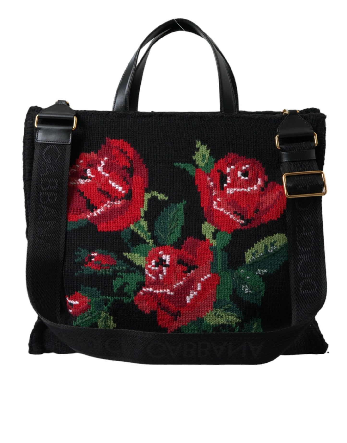 Dolce & Gabbana – Einkaufstasche aus schwarzem Kaschmir mit Rosenstickerei