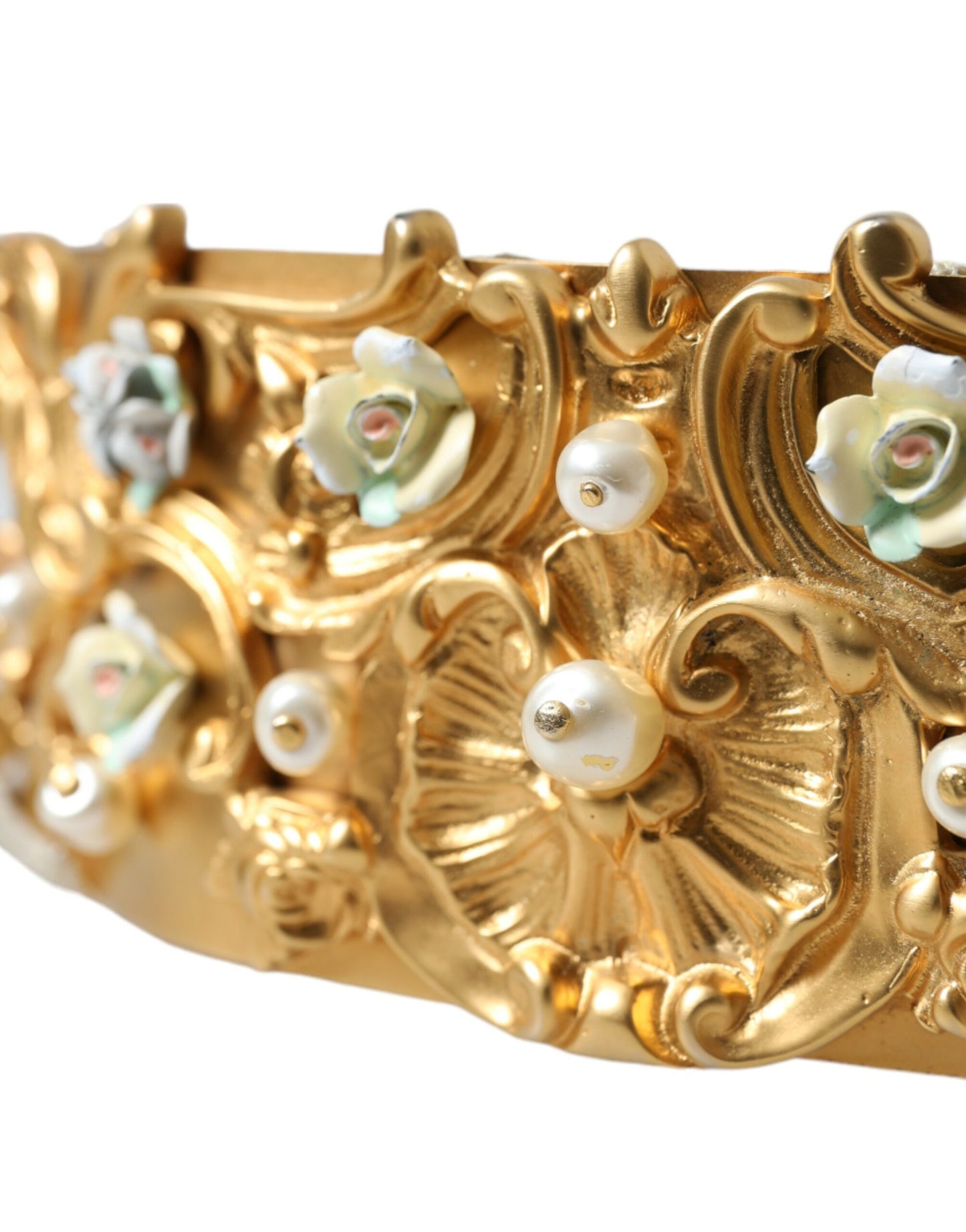 Dolce & Gabbana – Gürtel aus goldfarbenem Messing mit Kunstperlen und Blumenverzierung