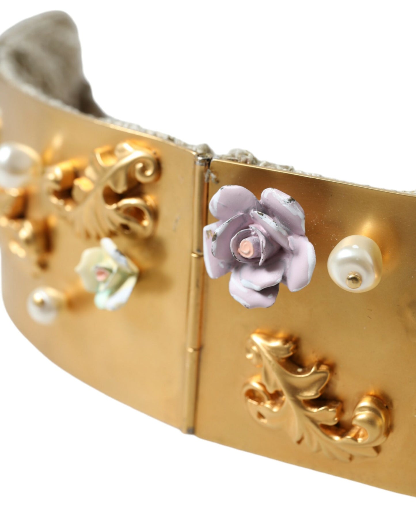 Dolce & Gabbana – Gürtel aus goldfarbenem Messing mit Kunstperlen und Blumenverzierung