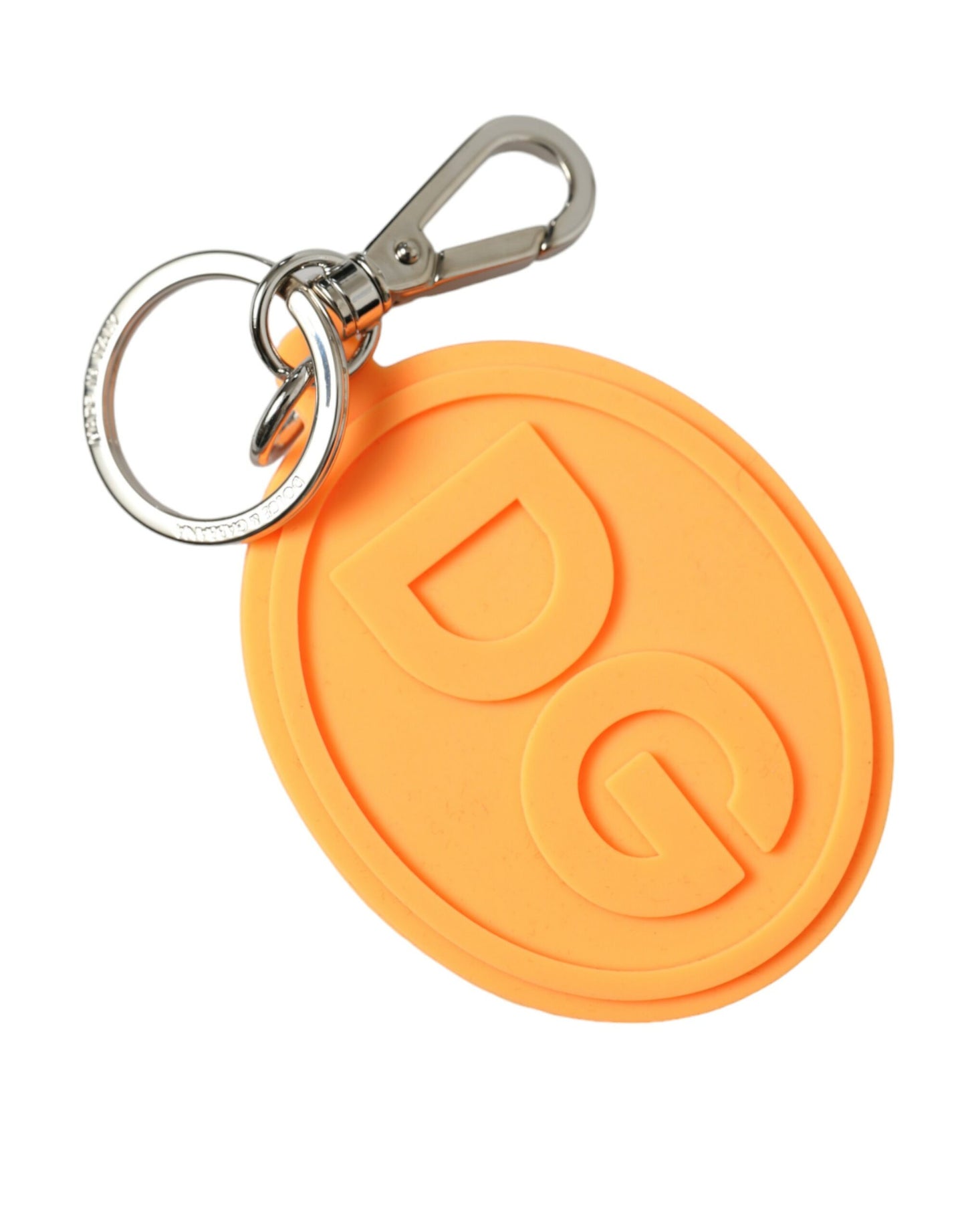 Dolce & Gabbana Schlüsselanhänger mit DG-Logo aus orangefarbenem Gummi und silbernem Messingmetall