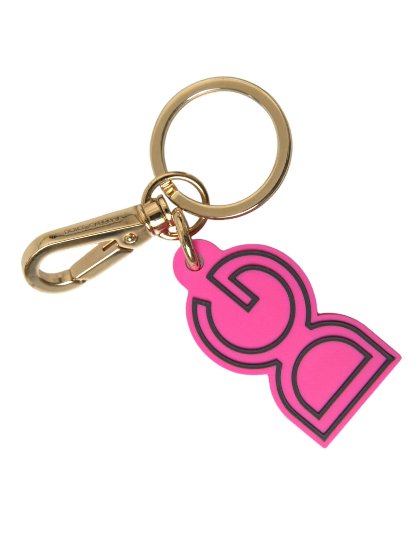 Dolce & Gabbana Schlüsselanhänger mit DG-Logo aus rosa Gummi und goldfarbenem Metall
